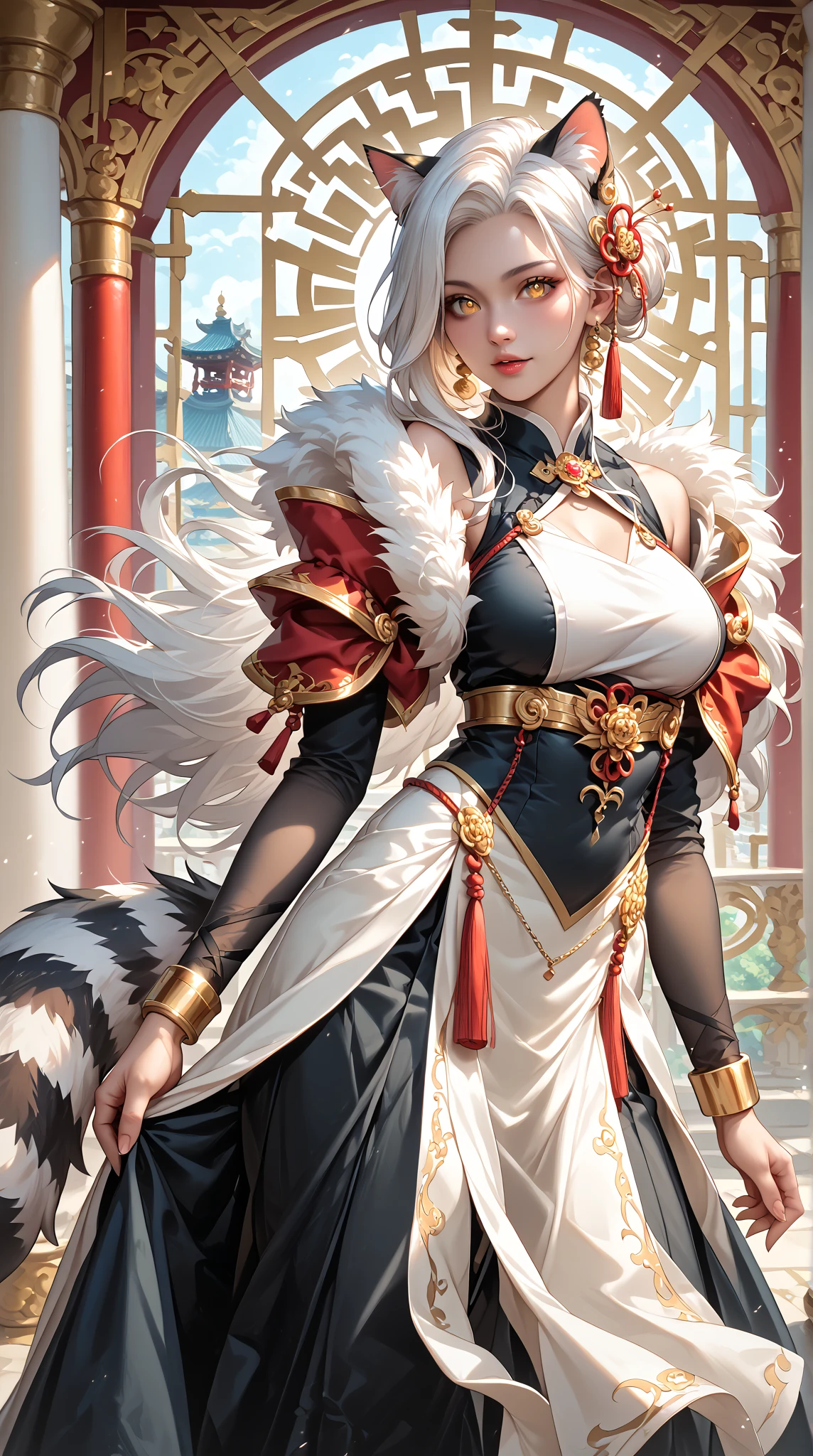 top quality, ancient Chinese beauty(highly detailed beautiful face and eyes)absurdres, perfect anatomy((beast woman, solo focus)) (((furry))) (furry anthro:1.7) ((((Furry body, fox facial features, fox body features)))) ((fox's muzzle, very detailed body fur))full body, dancing pose, gorgeous dress embroidered with intricate embroidery, transparent colorful ribbons tied around her arms, bare shoulders, open neck, wreath, black bun with flower hairpins Belts, armbands with streamers, necklaces, bracelets, anklets, metal chain tassels around the waist, Mogao Grottoes art, inspiration from Dunhuang Flying Apsaras murals, ink wash,