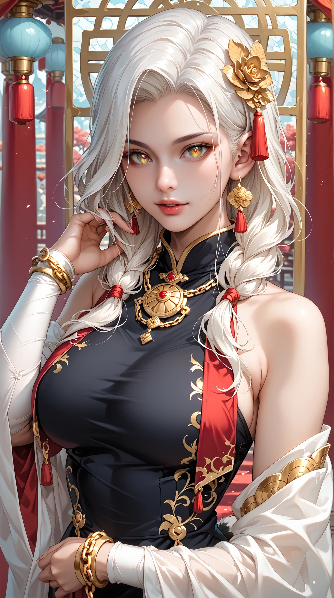 High resolution, 1 female, hip up, beautiful eyes, Ring-shaped eyes, jewelry, tattoo, Hanfu, chinese fairy, taoist uniform、cleavage、smile、