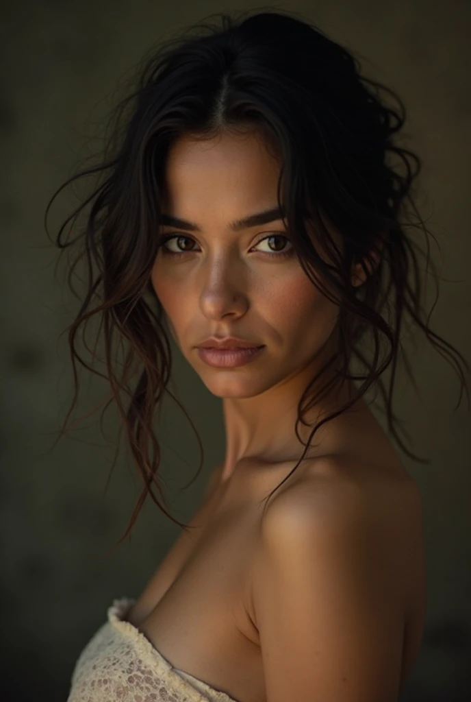 A Brazilian woman posing, she is a gymnast, small statue, slanted eyes, hair stuck, sultry posing,