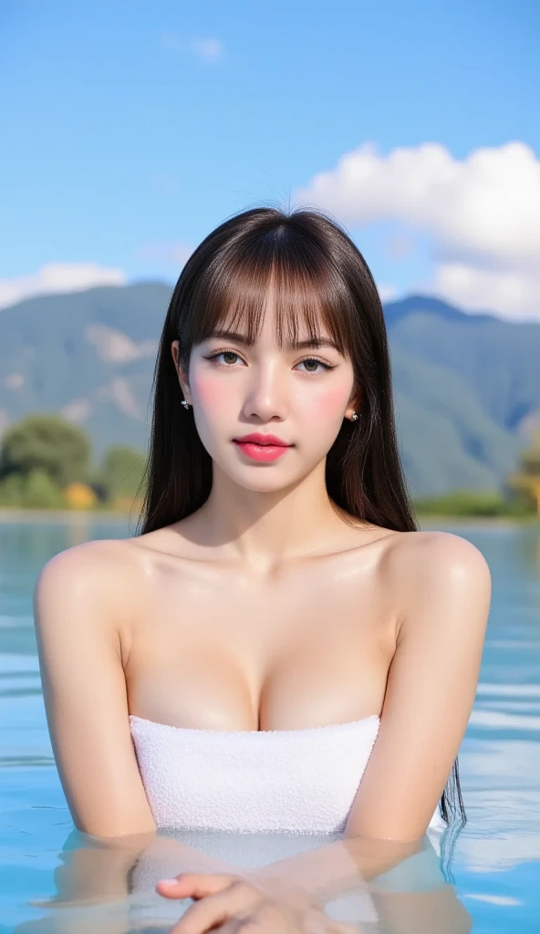(realistic、masterpiece、Best Quality、8K、highres、high resolution:1.3)、1 girl、Gigantic breasts、white bikini、looking at viewers、super fine face and eyes、long hair、 upper body、