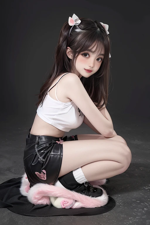 ((middle chest, small head)), daylight, sunlight, (perfect body: 1.1), (young), (short, wavy hair: 1.2), collar, full body photo, crowded street, ((wearing clear pink pants). tight, wet, cropped camisole top)), ((mini skirt)), (extremely detailed CG 8k wallpaper), (an extremely delicate and beautiful), (masterpiece), (best quality: 1.0), (ultra high resolution: 1.0), gorgeous lighting ,stiff nipple, cameltoe, perfect flash,  pulling skirt, realistic shadows, [high resolution], detailed skin, ultra detailed, spread thighs, one leg up, squatting on the floor, black thigh stockings, red high heels, large earring, thin thighs, (((colorful))), topless, beauty spot, angle from above