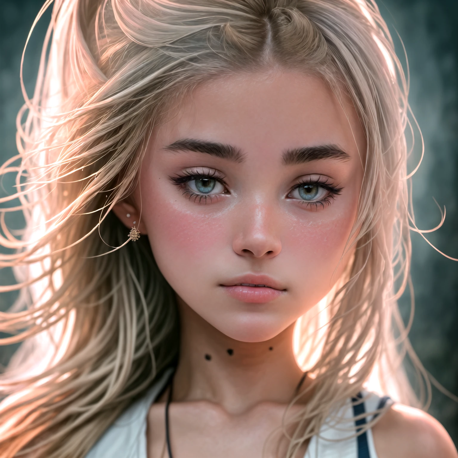 Realistic 18 year old girl with septum piercing, blonde money piece with her dark brown hair. Small straight brows, freckles, brown eyes, black eyeliner.