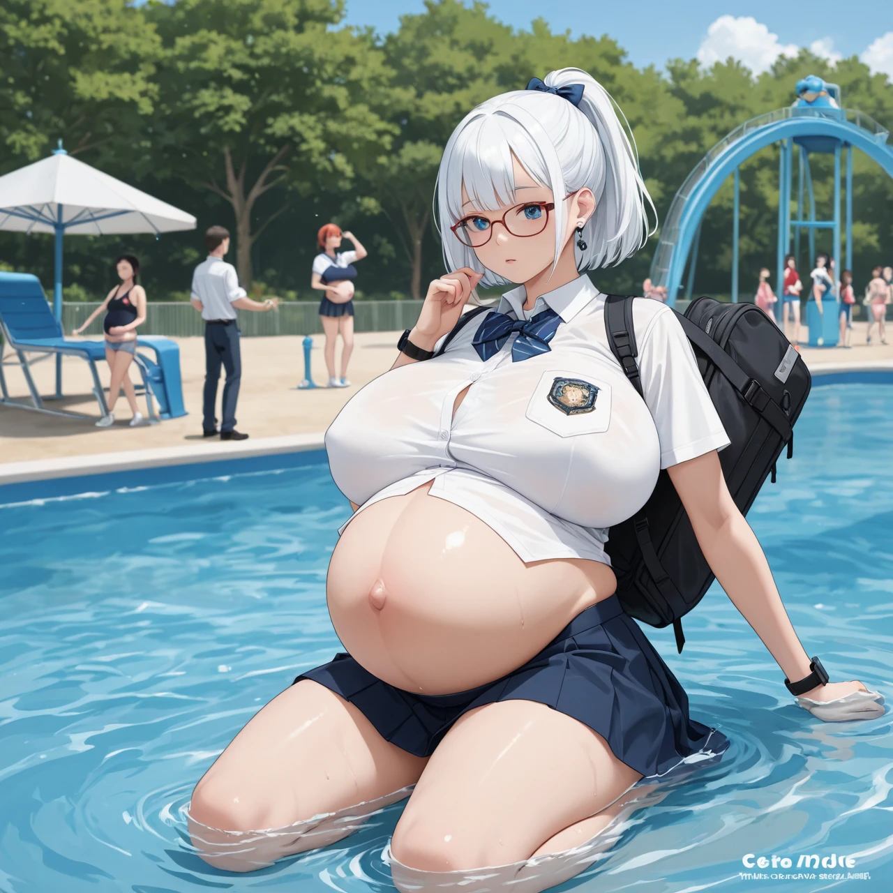 vestia zeta - hololive, 1girl, (((bimbo))), cone hair bun, hair ribbon, hair ornament, grey long hair, grey eyes (((bimbo))), thin lips, painted lips, smile face, pregnant belly, big belly, wide hips, thick thighs, huge round ass, enormous natural breasts, shiny oily breasts, latex suit, full body, pool, squat pose, nsfw