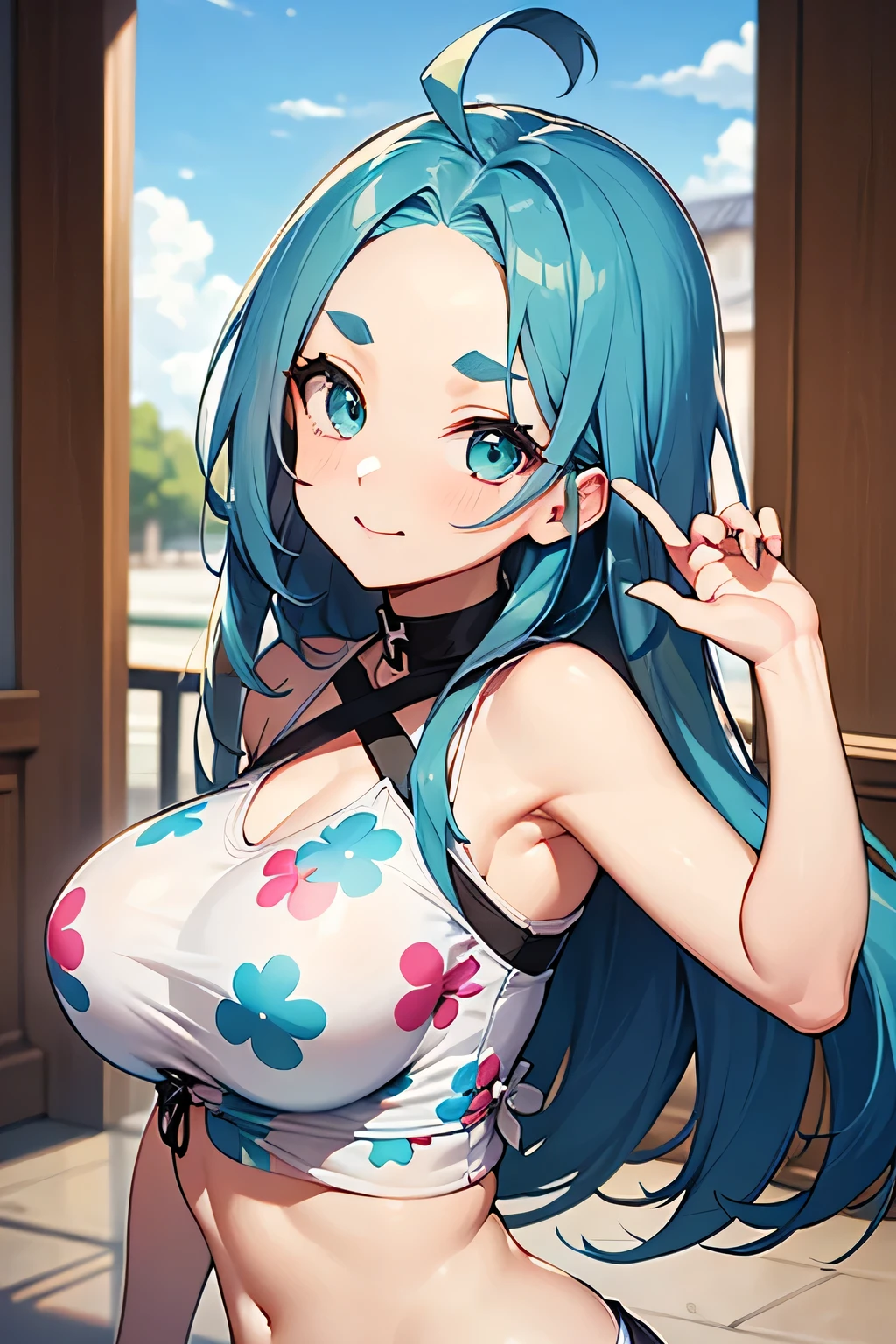 (masterpiece, best quality),best quality, best resolution, (ultra-detailed), (3heads:1.5), 1girl, (kawashiro nitori:1.3), masterpiece, best quality, blue top, crop top, ((stomach)), midriff, ((groin)), blue skirt, normal ears, shackles, blue hair, very long hair, wavy hair, sidelocks, light blue eyes, detailed eyes, parted lips, single horn, sweat, cute, toned belly, hand on own chest, eyelashes, (24 year old woman:1.3), (masterpiece:1.5), (best quality:1.5), (beautiful detailed extremely detailed CG, extremely delicate and beautiful, depth of field, (finely detailed face), (perfect details:1.1), (mature female:1.3), wide pelvis, slender, large veiny breast, 8k resolution, high quality, high definition, extremely detailed, masterpiece, blue hair, long hair, alluring presence, braid, short skirt, close up, big tits, young, front ponytail, hair ornament,