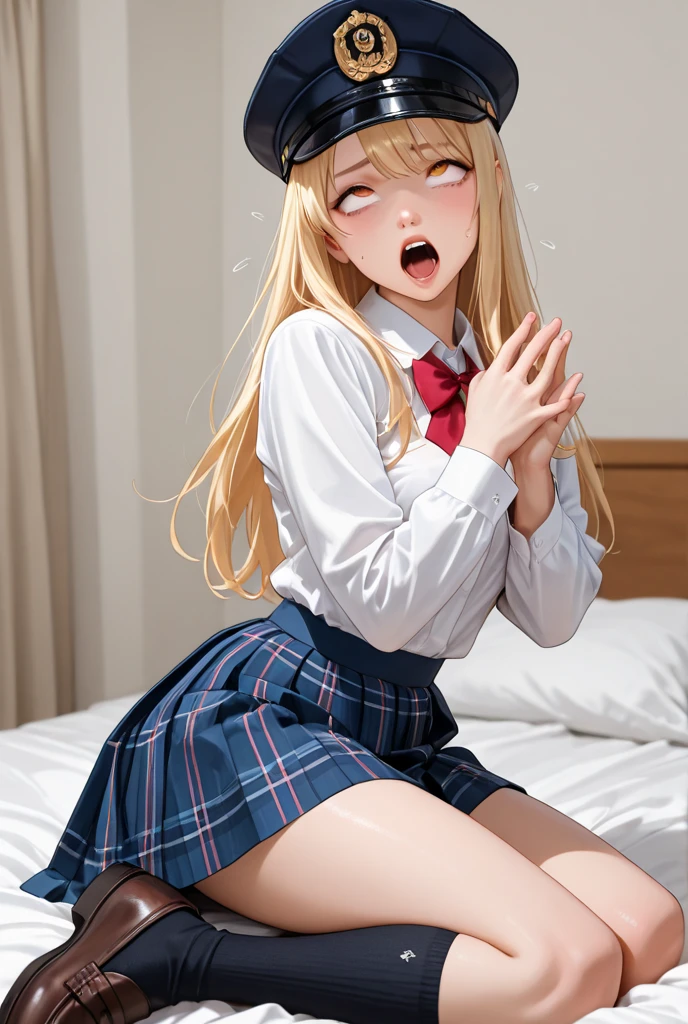 RikaJou, 1girl in, 独奏, length hair, blonde hair, verd s eyes, small tits, tusk, A smile, Standing, dynamicposes, 8K, masterpiece, top-quality, absurderes, perfect anatomia, 电影灯光, cowboy shot, (校服:1.1), Schools, garden, school ground、, Ahegao, Heavy breathing, blush, Sweat,Spread your legs,A seductive smile,Kinky laughter,Obscene atmosphere、masturbation,The shape of the female reproductive organs is also clearly visible.,,hands on the panty,Panties are wet,the body is dripping wet,Sweat,,Desire for dissatisfaction, white panty hose,Sperm flows out from between the thighs,mouth full of sperm,Bend over,Back view,Spread your legs,A seductive smile,Kinky laughter,Obscene atmosphere、Teman
