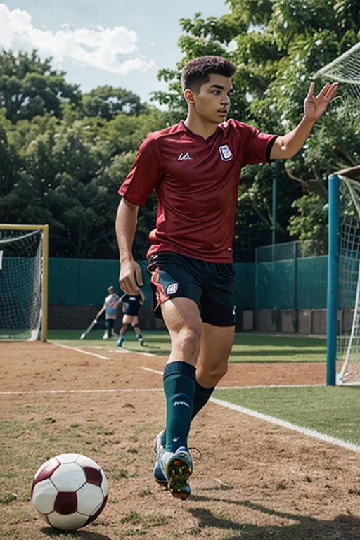boy, 25 years, Peruvian nationality, positive, full length, In move, kicks a soccer ball with one foot, scores a goal, wearing a white T-shirt and white shorts, Great quality, athletic build, high detail