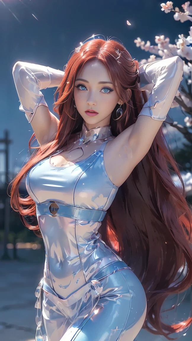 (logo, masterpiece, 8k, table top, RAW photo, wonderful, 最high quality, Photorealistic and hvery detailed CG integrated 8k wallpaper, high quality, very detailed, Narrative poem, particle effects, dynamic effects, written boundary depth, cinematic light, Lens flare, ray tracing, cloud,colorful)), fantasy, ((1 beautiful woman, clear blue eyes, red long hair, beautiful face, real face, beautiful detailed eyes, beautiful skin, woman dancing gracefully:1.7, woman dancing gracefully:1.7)), 長い髪がWindでなびく, long hair bounces, 長い髪がWindで踊る, hair jump, halter neck, red leather pants, red leather jacket, red bodysuit, plug suit, silver earrings, ((night, Wind, darkness, moon light, full moon, night空, Wind, cherry blossoms, cherry blossomsの花びらが舞っている, cherry blossoms吹雪, falling petals, flying petals))