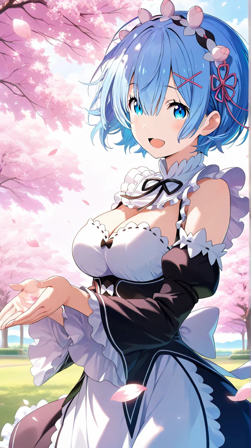 Woman in bikini posing next to a wooden pole, One person, only, old, Watching the audience, blush, They're laughing, short hair, blue eyes, hair ornaments, like, Blue Hair, Outdoor, another々Sleeve, Hair above one eye, maid, maidの頭飾り, x hair ornaments, like rosa, ロズワール邸のmaid服, Photo Background