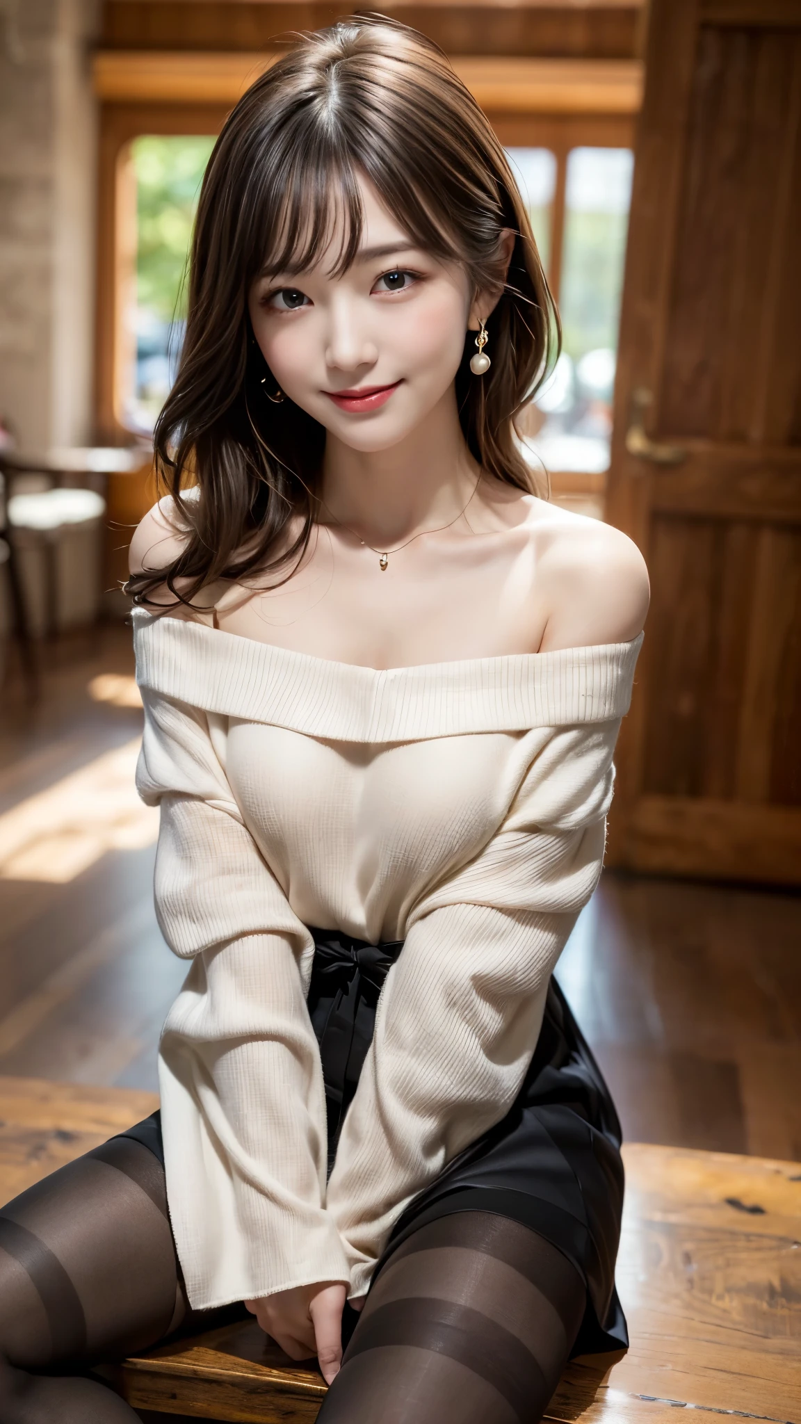 (1 Korean star with royal sister style), ((Best quality, 8K, Masterpiece: 1.3)), focal point: 1.2, Perfect body proportions: 1.4, (Make a smile), (Sunset: 1.3), Watery eyes, Highly Detailed Face and Skin Textur, Fine eyes, Double eyelids, Whitens the skin, (long whitr hair, Air bangs: 1.3), (Round face inches: 1.5), (off the shoulder dress: 1.4), (Standing on the roof: 1.6),(white stockings: 1.4),(film grain style:1.3),a sense of atmosphere