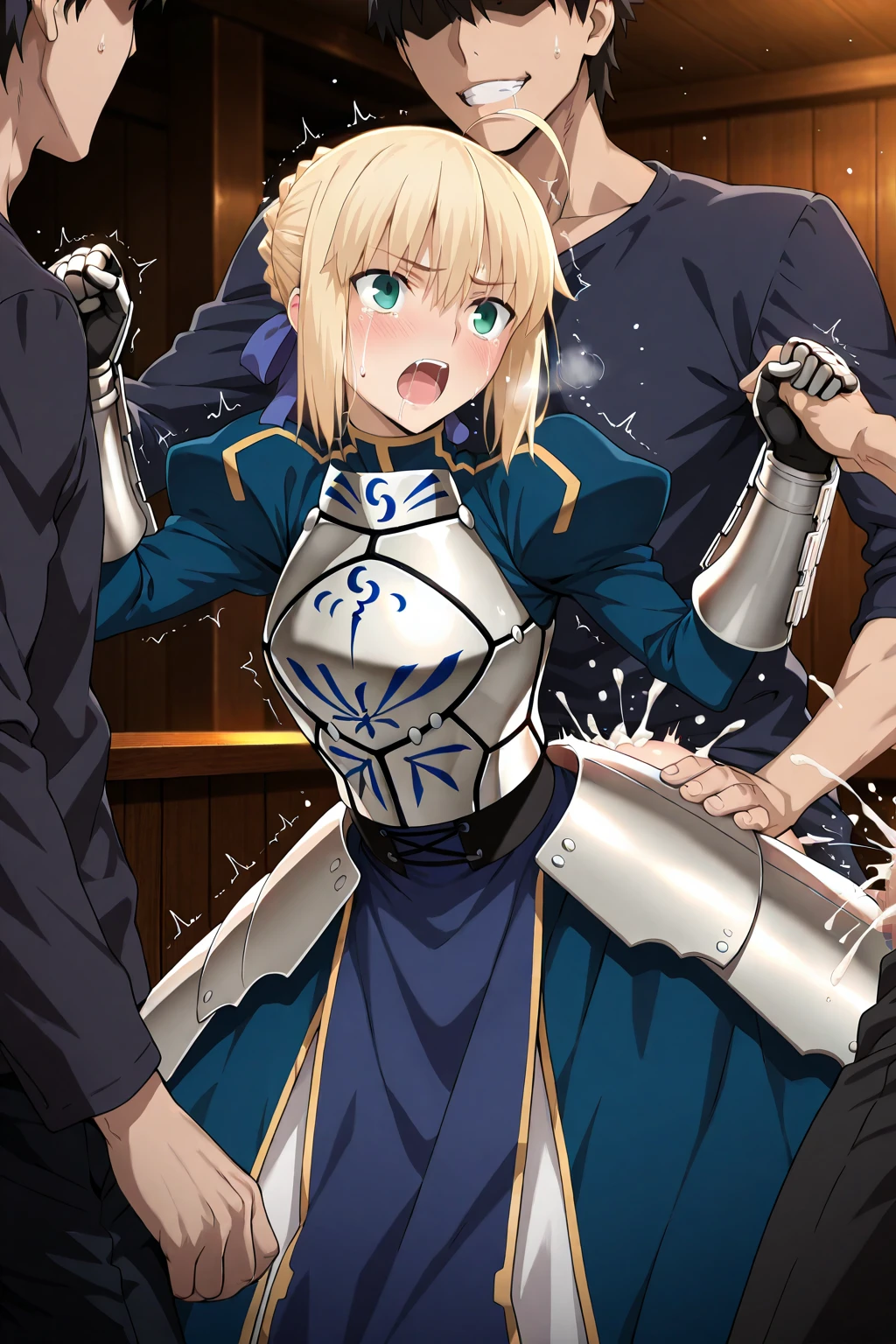 1girl, nsfw, SaberFS ,blonde hair, green eyes, short hair, french braid, ahoge,, large Breasts, nsfw, nipple, naked, empty eyes ,Knights of the Round Table, frozen, (Sweating profusely, Love juice, Wet Woman, female ejaculation), , crying ,crying, Naked, , (1girl) solo, Peeing, lactation, projectile lactation Round of Avalon, Palaces in England