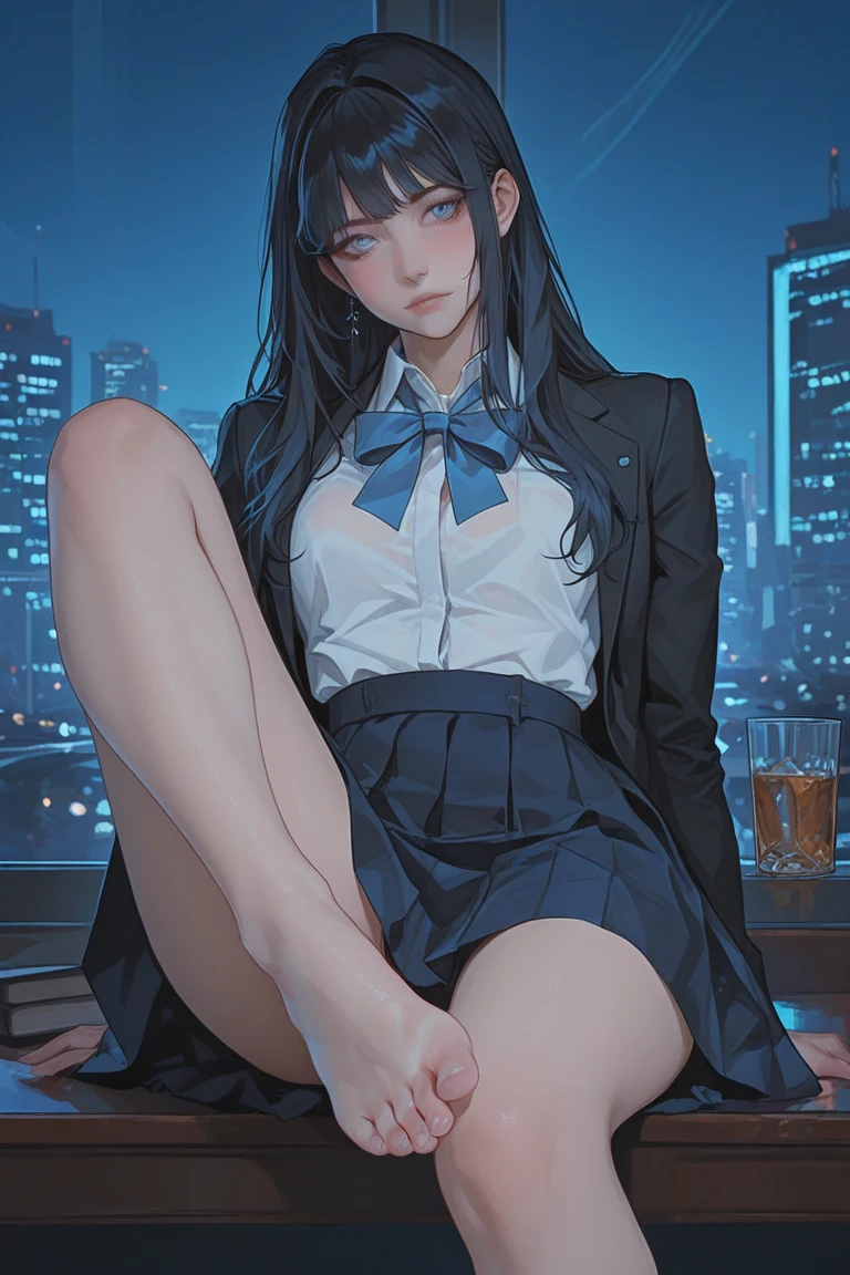 tmasterpiece、Need、Highest high resolution、Japanese high school student、Japanese high school girl、Dark blue top、a black pleated skirt、The slender legs are wearing dark black pantyhose、No shoes、ccurateblack hair、Long straight hair, blue colors+Black colored eyes、Sit by the large floor-to-ceiling windows、Outside the window is a sight that can only be seen from the upper floors:Illuminated streets、Brilliant neon lights、Dark night sky and starry sky。