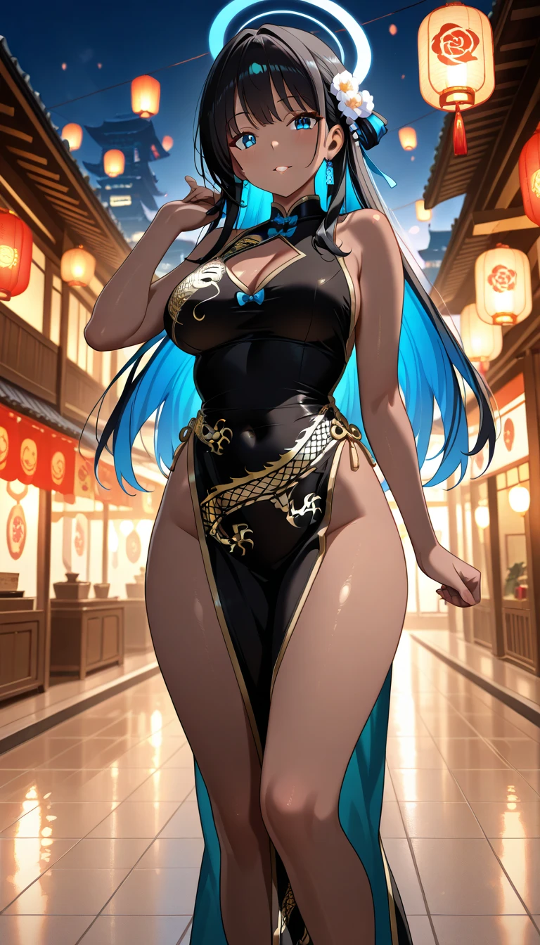 ((full body, standing, standing on the ground)),Laurana, large breasts1, ((black with parts in white/ninja costume)), very tight on body, Japanese demon mask on face, she is in a macabre temple with full moon raining a lot,she has ((blue hair, red eyes)), face with red cheeks, light makeup on her face, 16k, highres, award-winning, best quality, super detail, super detail, textured leather, ccurate, UHD, masterpiece, anatomically correct