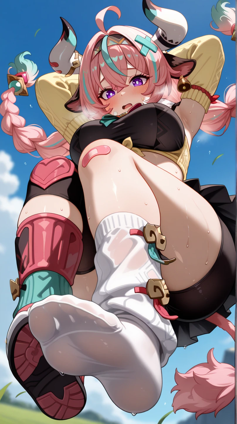 score_9, score_8_up, score_7_up, score_6_up,score_5_up,score_4_up, BREAK ,big breasts, 1girl, solo, NyannersBase, long hair, cat ears, cat tail, hoodie, long sleeves, camisole, cat print, white skirt, cat ear legwear, asymmetrical legwear, paw pose, smile, outdoors, from behind, plump ass, perfect butt, beautiful butt, wind gust,panty peek