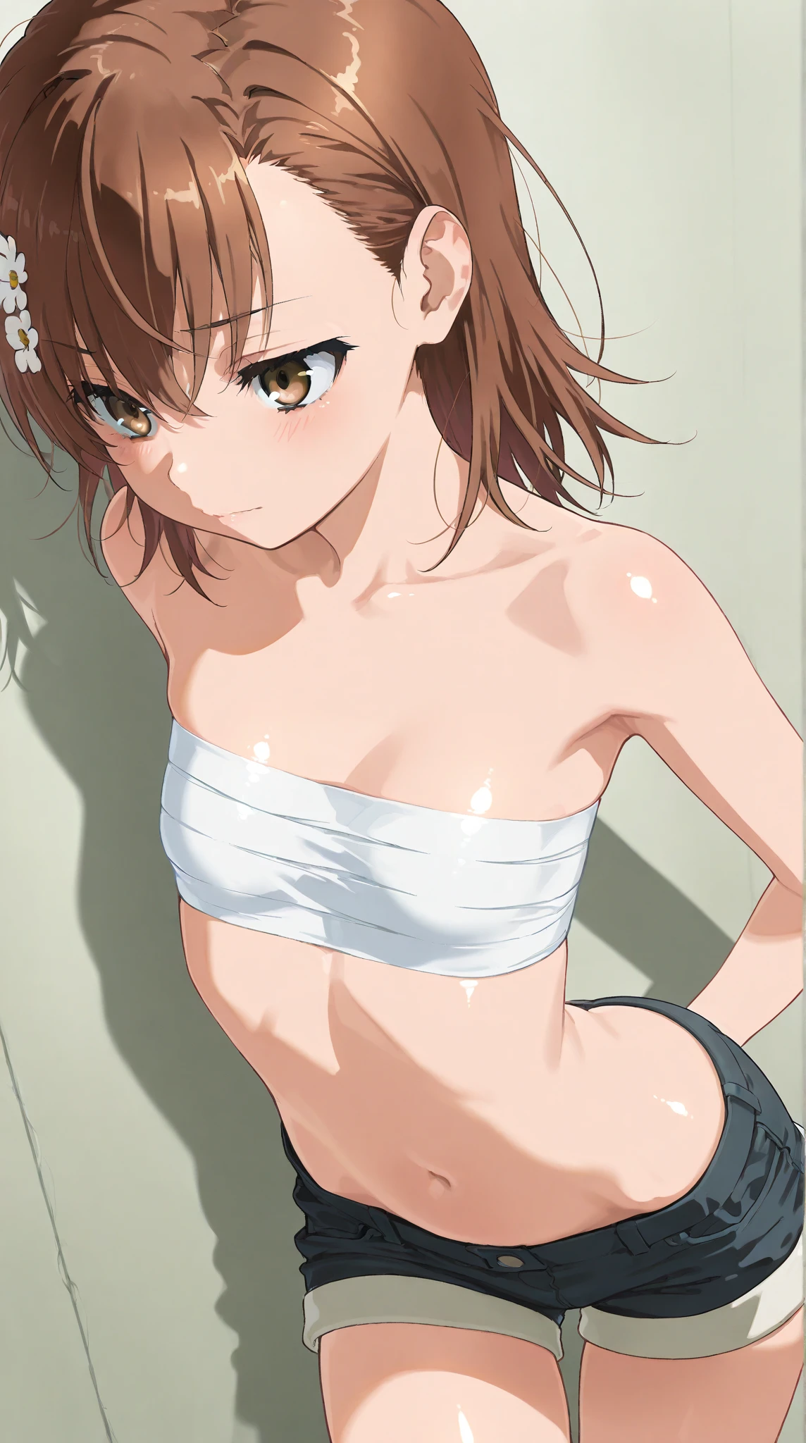 Smooth anime CG art、Focus Only、1 girl、Front view、nude、naked、(((Small breasts)))、(((brown eyes)))、(((sweat)))、Semi-short hair、(((Sweaty)))、Watery eye、blush、(((Embarrassed look)))、((Open your mouth))、(((standing)))、(((simple background)))、spread your legs、(fullbody shot)、(((electricity:1.4)))、(((eyepatch bikini)))、(((white bikini)))、(((arms behind back)))