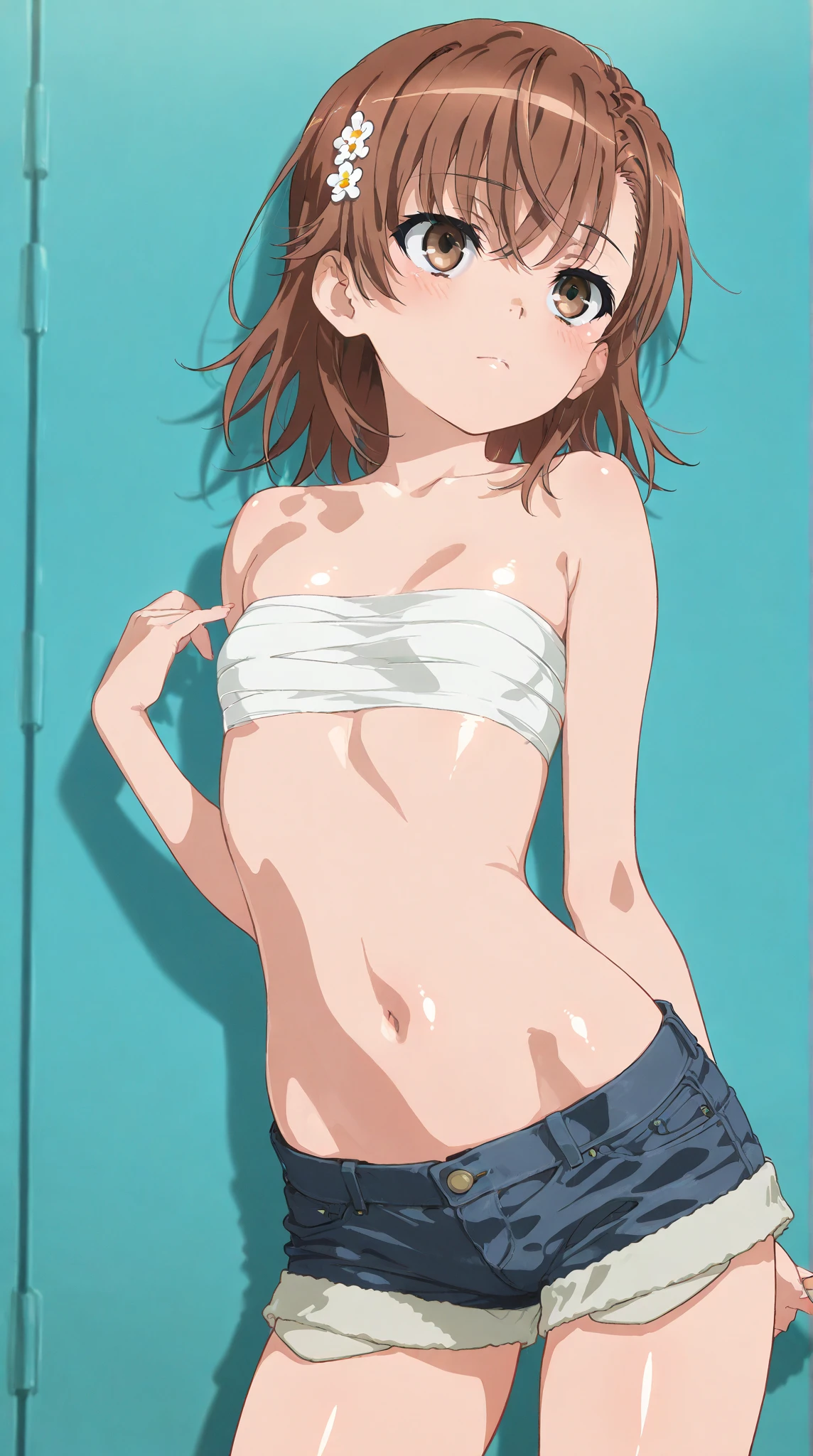 Smooth anime CG art、Focus Only、1 girl、Front view、nude、naked、(((Small breasts)))、(((brown eyes)))、(((sweat)))、Semi-short hair、(((Sweaty)))、Watery eye、blush、(((Embarrassed look)))、((Open your mouth))、(((standing)))、(((simple background)))、spread your legs、(fullbody shot)、(((electricity:1.4)))、(((eyepatch bikini)))、(((white bikini)))、(((arms behind back)))