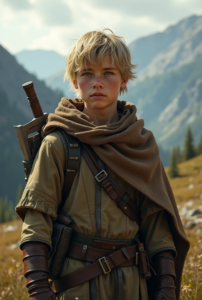 A young nordic boy. 12 years old. Brown eyes. Shoulder long blonde hair. Thick cheeks. Cheeky boy. Viking clothing. In a viking viallage in winter.