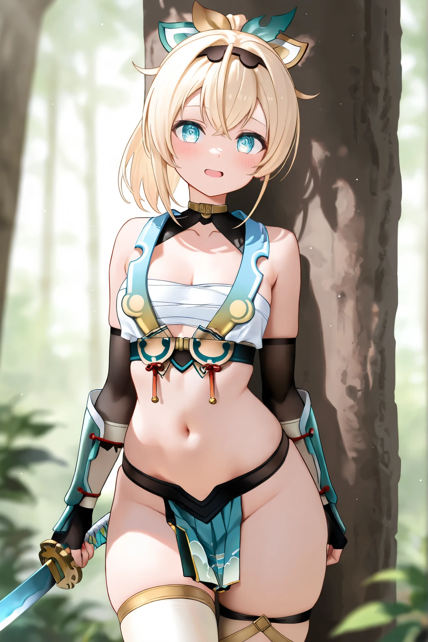 1 girl, high quality, (short hair), forehead, (medium breast), (straps on thighs:1.3), white background, plants, (stocking), (sweaty:1.1), (nipples:0.8), thick thighs, (middle Ages:1.2), (cameltoe:1.1), bikini, (cyborg:1.2), armor, white hair