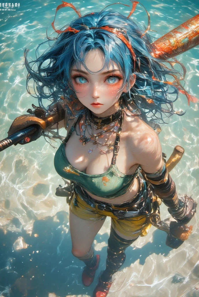 cute redhead woman in twin tails, multiple rainbow colored hair, sky-blue eyes, happy, Ukrainian, petite, pale skin, wearing a green metallic color bikini, lightning striking a lake in Scotland, photo realistic woman. --auto