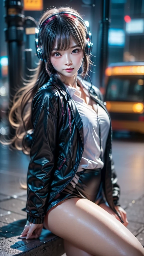 Omertosa, 1girl, head, hair dressing, cyberpunk city, long hair, black hair, black shirt, white shirt, tie, leather tie, silk tie, student, open jacket, leather jacket, leather skirt, pleated skirt, short skirt, belt, cat ears, jewelry, pony tails, floating hair, bright eyes, light eye makeup, puffy eyes, medium lips, lipstick, dark lipstick, dimple, thin face, beautiful face, detailed face, earrings, feminine, [:(detailed face:1.2):0.2],(looking at viewer:1.2), city, night, walking on the street, tokyo, (full body:1.6), medium breasts, slim waist, long legs, pretty legs, thigh lace bands, real skin texture, shinny skin, oily skin, posing, supermodel, most viewed, nikon d750 f/1.4 55mm, detailed shadow,  (realistic, photo-realistic:1.37),(sharp focus:1.2), (masterpiece,best quality), professional lighting, ultra high res,  (ulzzang-6500-v1.1:1.1) <lora:arknightsTexasThe_v10:0.75>