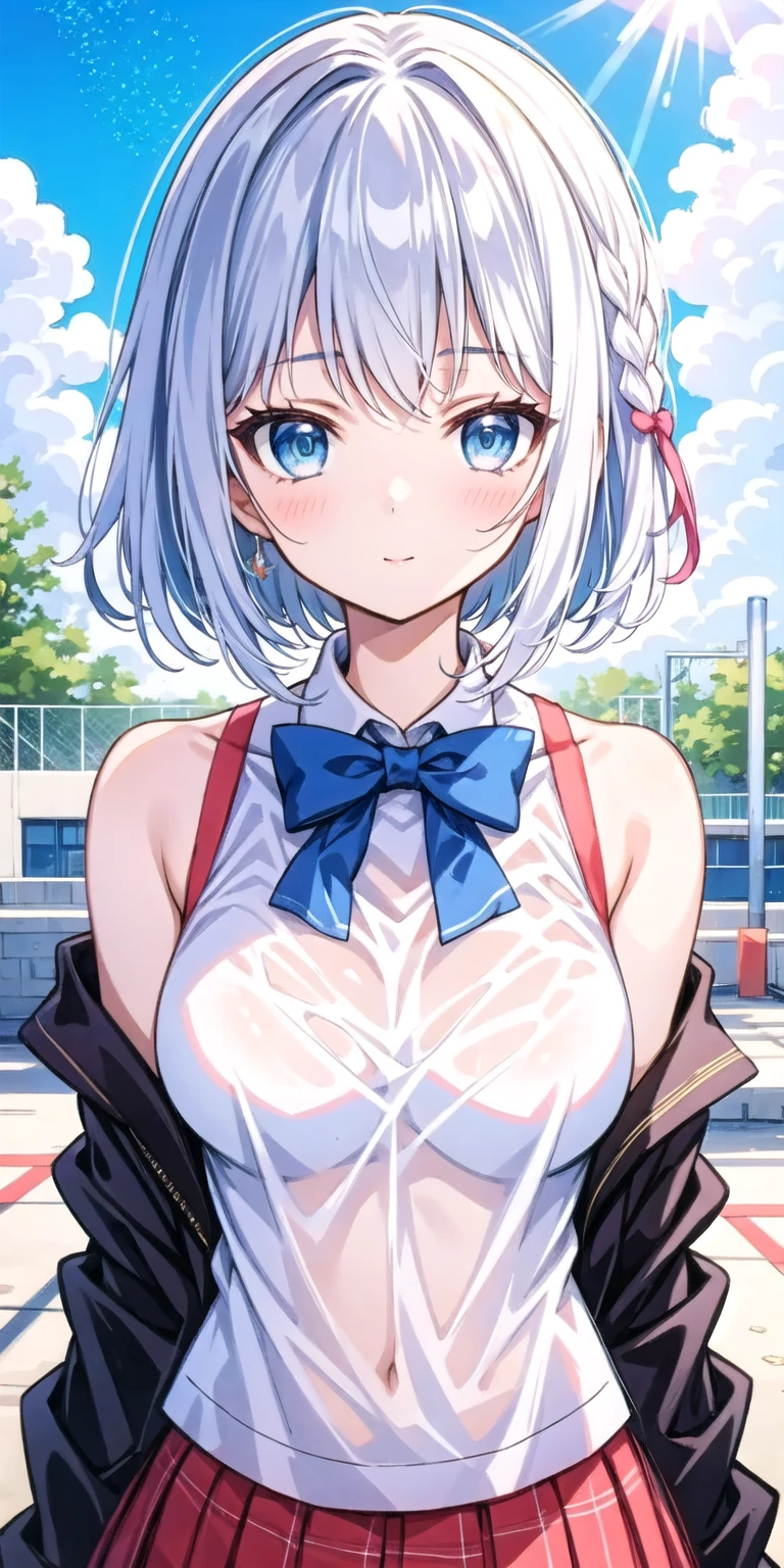 "(perfect masterpiece:1.2), (highest quality:1.2), stunning face,  mature and chubby, Big eyes, compensate, long and luxurious eyelashes, lip whole, irresistible charisma.",belly button,(((girl like boy))),(((very short hair))),腹logic,raised his arms,NSFW,(((logic)))，white leotard，Bunny girl，hair clip，wallpaper，white hair，small breasts，pixie cut，rabbit ears