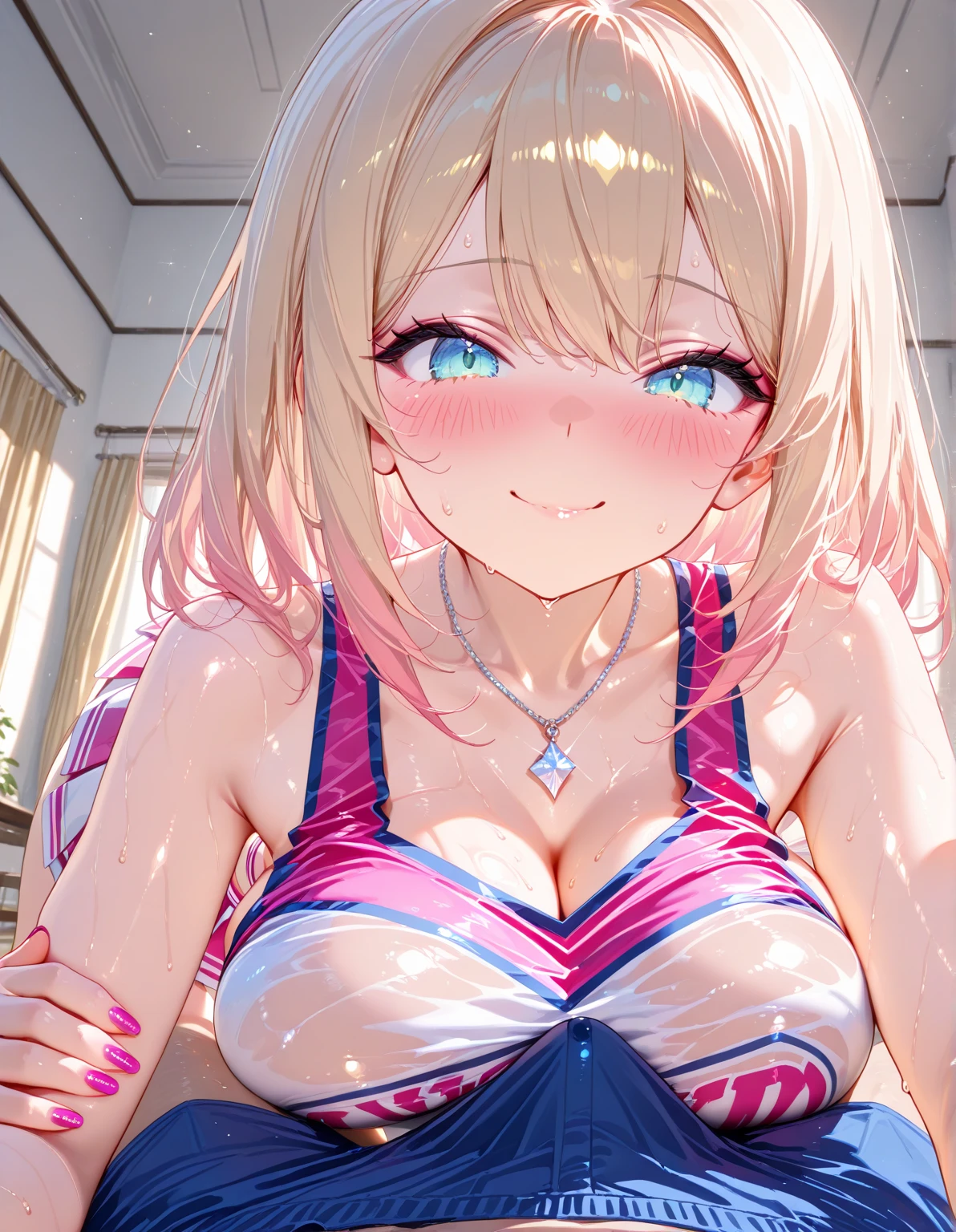 ((one personの女性)), Beautiful Face, Laughing embarrassedly,((Wink:2.3)),((She is holding her cheeks with both hands and has a joyful smile:2.0)),Laughing with your mouth open,((Red cheeks:1.4)),Lighting on the face,Glossy pink lips,night,rooftop,Festive decorations,You can see the ocean, firework,((Anime style background)),masterpiece, highest quality, so beautiful, Latest, Complex details, (Pink long nails),(ring),(flower bracelet),Floral choker,AI-generated, Complex,High resolution, highest quality, super high quality,3D Images、View your viewers、3D Images,one person,Long Blonde Hair,High Ponytail,Turquoise Eyes,Anime woman posing for a photo, (Fine grain,Colorful eyes,Shining Eyes:1.4),(Squint your eyes:1.1),a hyperRealistic , hyperRealistic , Realistic,Blonde anime woman with long hair, Smooth anime CG art, A woman in a colorful kimono with gold embroidery, (Pink kimono),Red floral pattern,Long flower hair ornament,Large floral earrings,(ring),(Big Breasts:1.2),Mole on chest,Exposed nipples,Sweating,Mature Body,Tall,Big Ass,Fine details,Narrow waist,Abdominal muscles,(Zoom in on face:1.0),