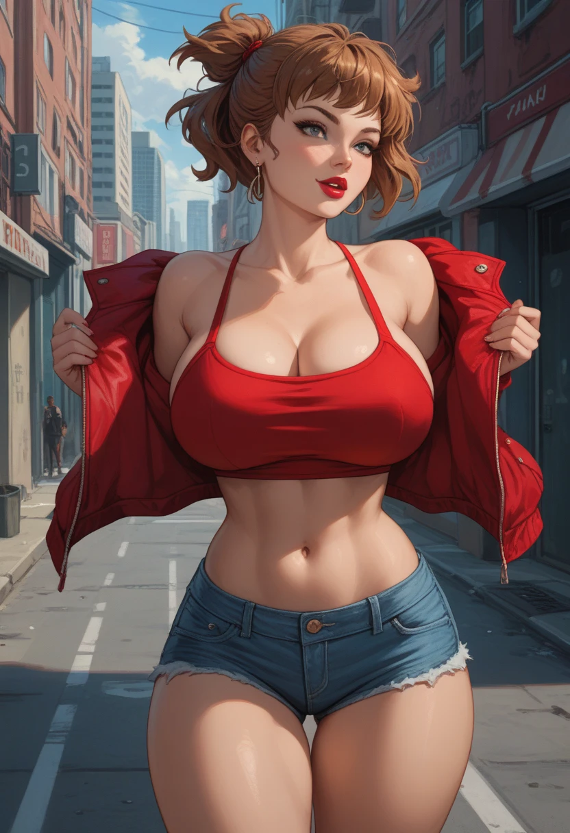 Vintage anime screenshot from akira, 90’s anime. vibrant maximalism. a woman in bikini at a street corner --auto