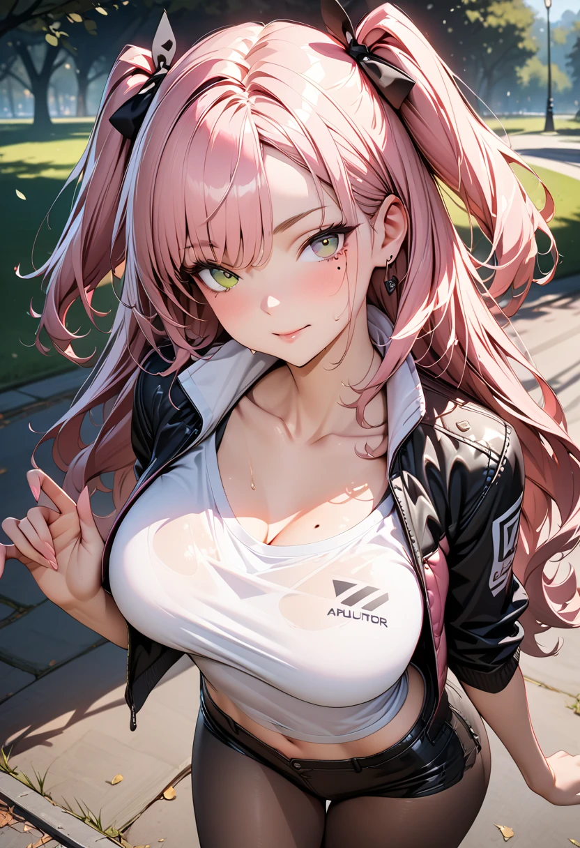 naked leather jacket girl pink hair smile top quality twin tails masterpiece beauty cute