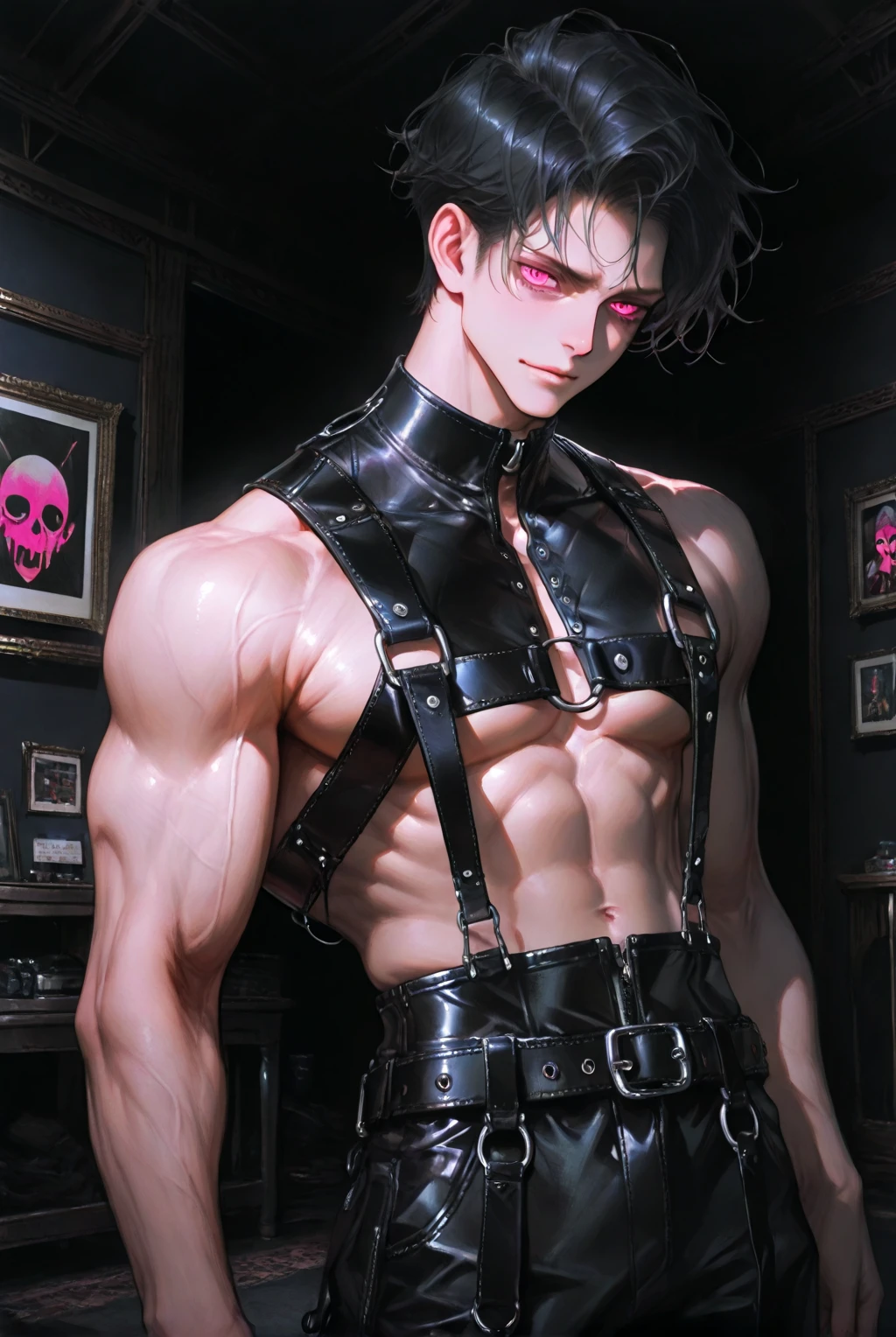 high quality, detailed, Realistic, (19 years old japanese idol boy), (detailed black eyes), (black short hair), (abs:1.5), (shiny skin), (leather bondage), dungeon, harness, (leather tiny thongs), (bulge:1.2), candle, detailed nipple detailed areola,