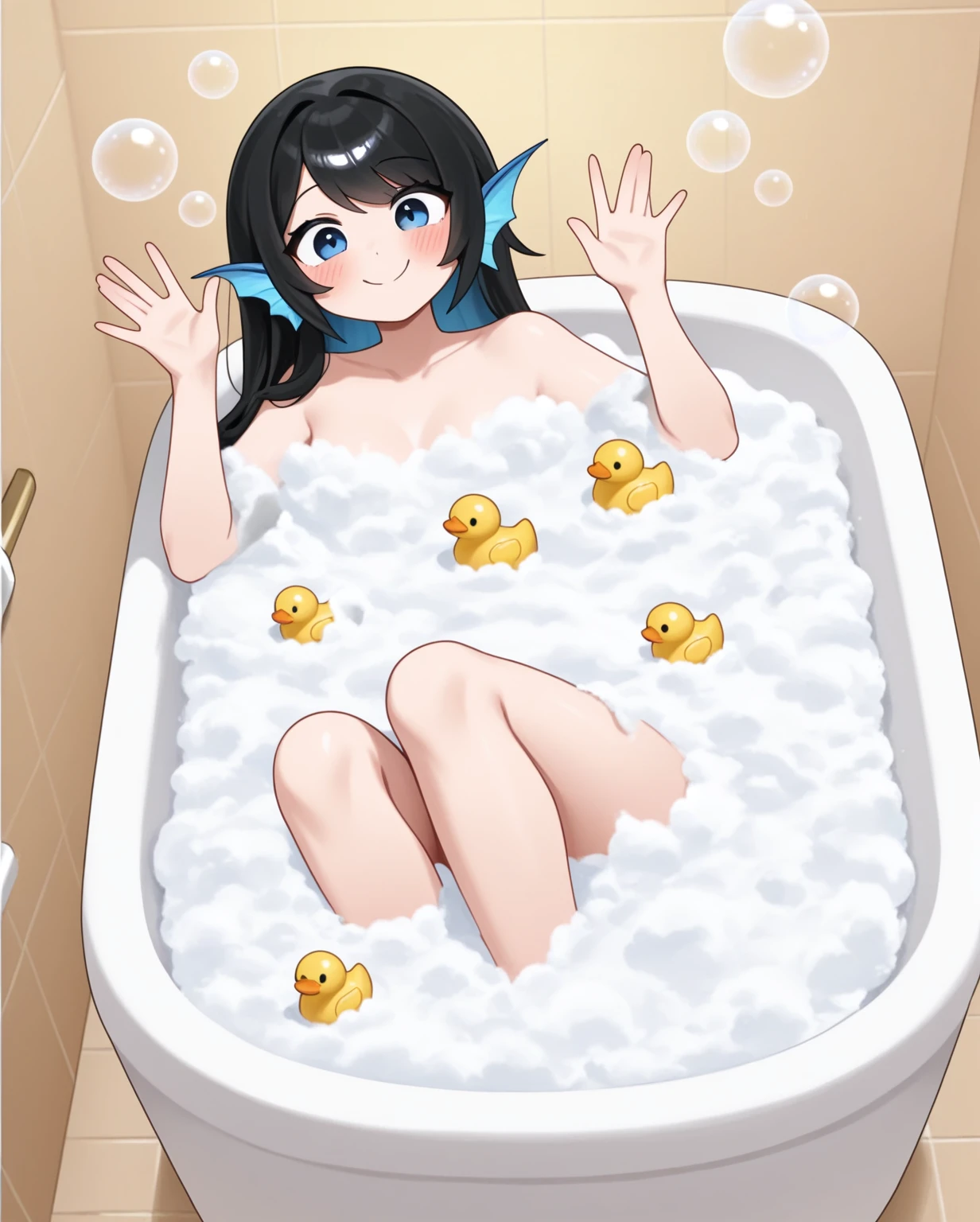 One girl, gray skin, long length black hair, naughty face, blushing, hearts around her, naked, udder, big breasts, massive fat belly, Really big Feet, Girl with gray skin Equestria girls, in the bathtub, filled with black water, girl with gray skin, cuerpo completo, High resolusion.
