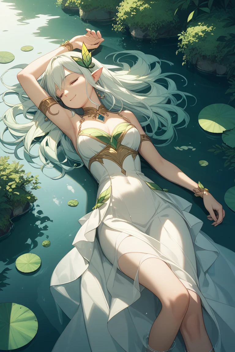 1woman, elf, white dress, princess, longest hairstyles, glowing yellow eyes, elegant, lotus field,