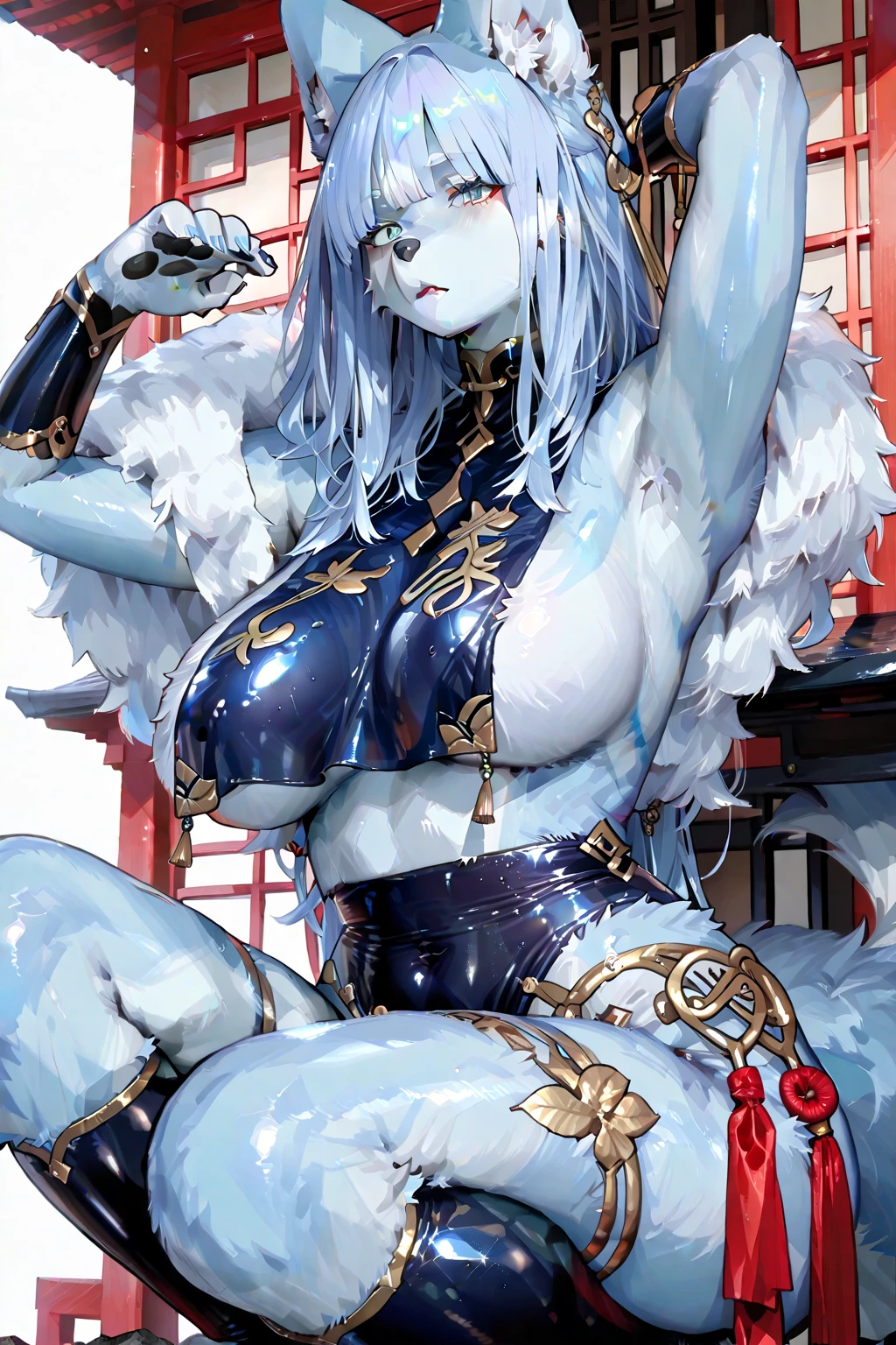 monster-maiden with ice skin , beautiful, with black hair, blue eyes ,covered in ice and with big breasts against the backdrop of an ice cave