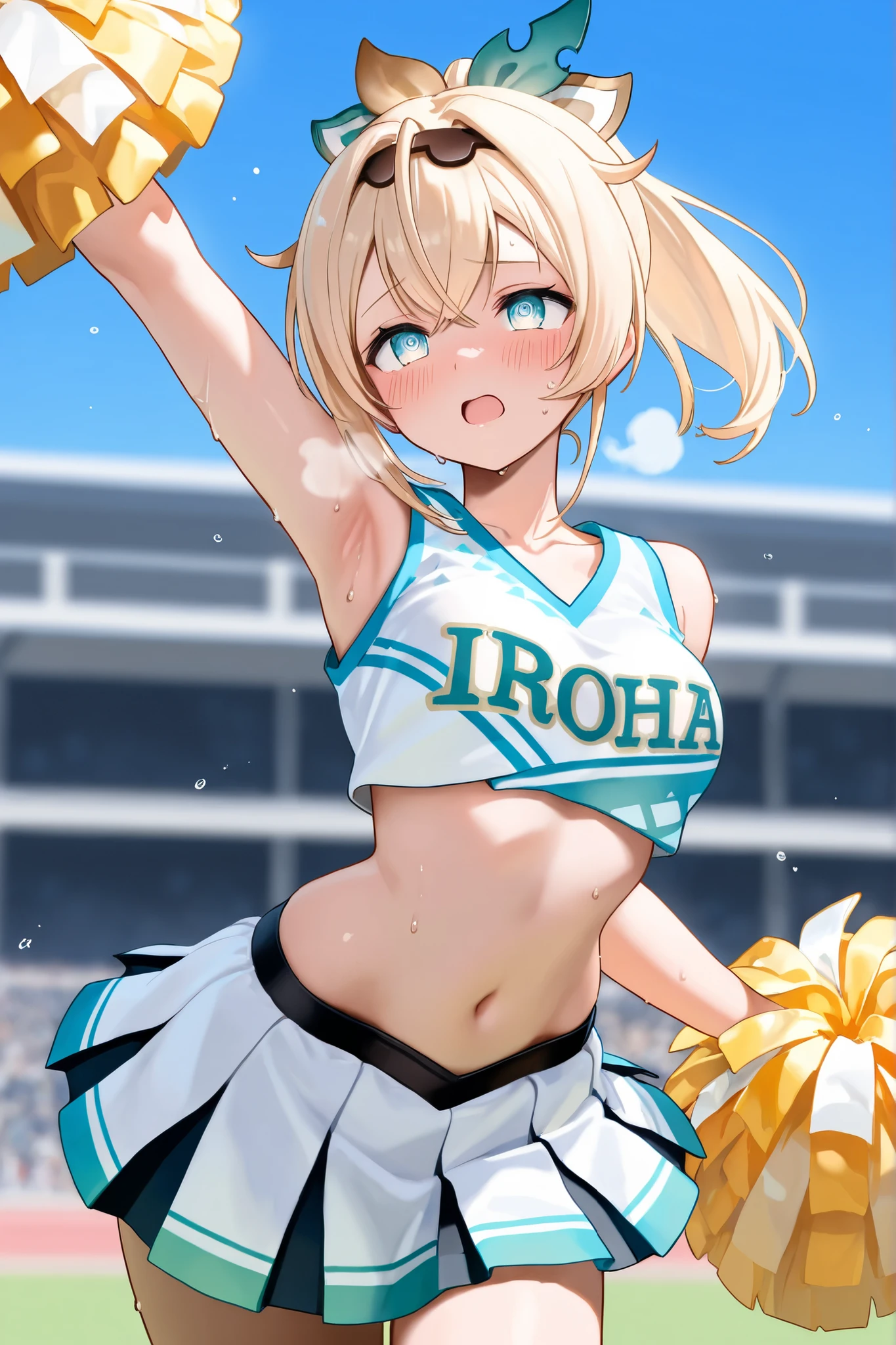 (Original Character、Unity 16K wallpaper, Masterpiece, Best quality, Ultra-detailed, Extremely detailed CG, Caustics, Cinematic lighting, Detailed, Beautiful detailed eyes, NSFW:1.8, Solo、Oily skin、18yr old), 超高分辨率, Fine skin, (cheer leader, Clothes writing, Crop top, Sleeveless shirt, midriff, Miniskirt, Pleated skirt), (Strong light)、((Illuminate the subject))Underwear, underwear，Lace edges，lacepantyhose，is shy
