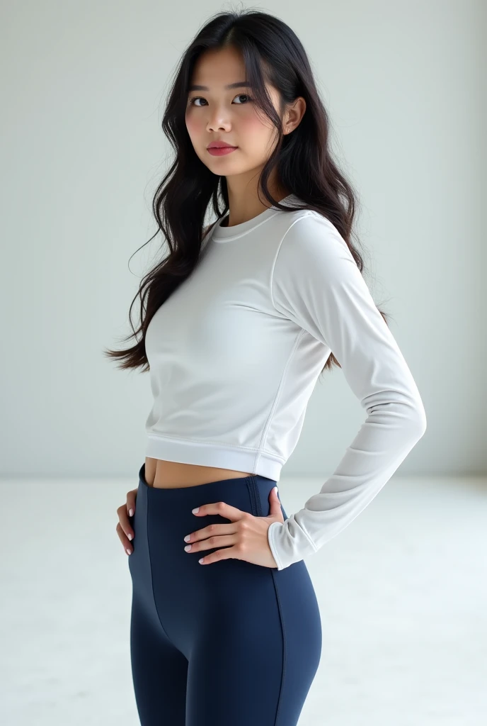 vivid,Normal chest,((between legs)),cute,(Detailed face),cloth,Sharp Eyes,Turtleneck sleeveless sporty lightweight(Grey plastic)Clothes,Ultra-high resolution,（Photorealistic：1.7）,Black long hair,Gray background,Dancing,