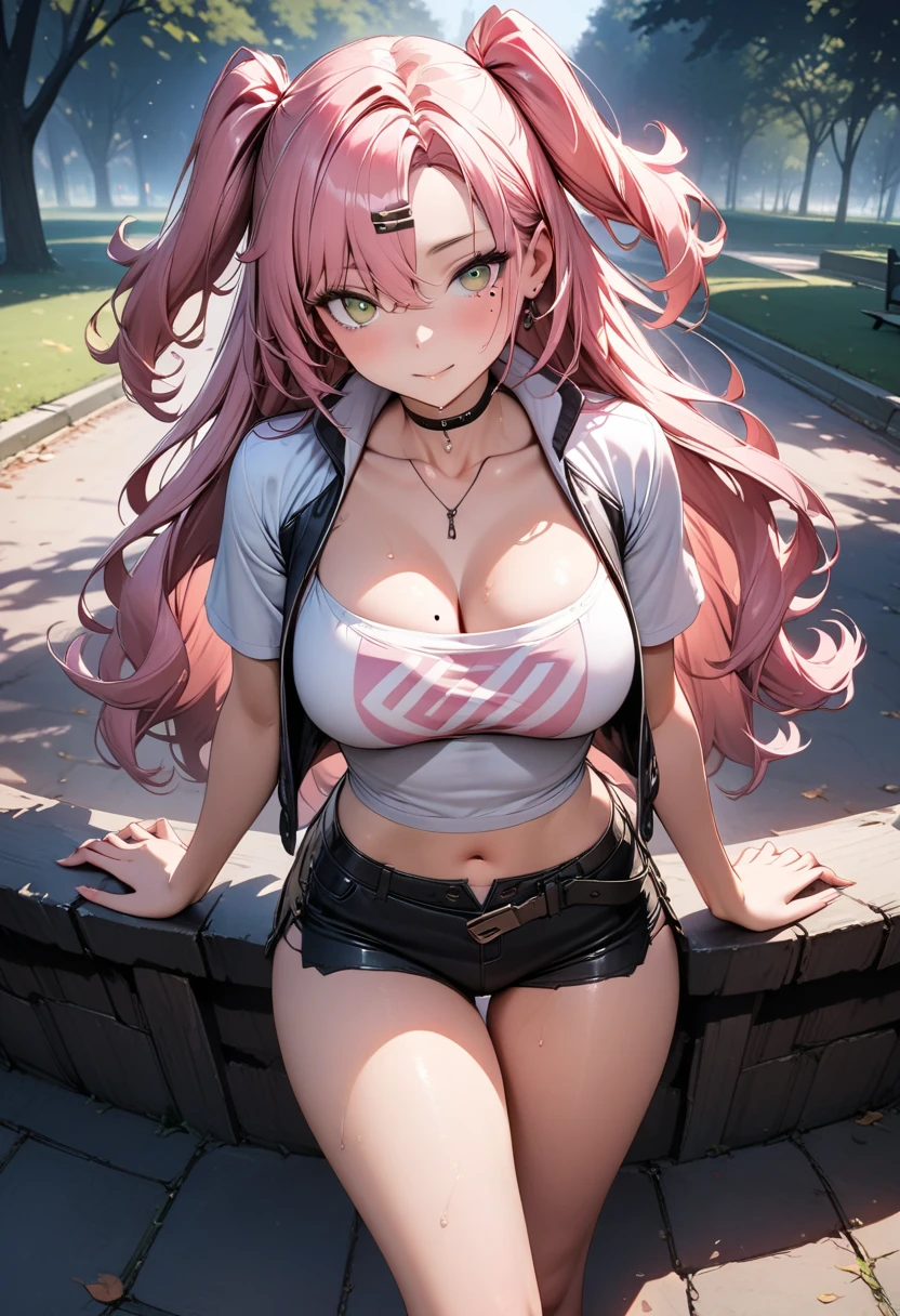 1girl (masterpiece, round_iris, extremely crisp crystalline shiny purple eyes, perfect_anatomy, extremely_captivating_hypnotic_mystic_eyes,) perfect face, long pastel pink hair, smiling evil, big breasts, black and pink hoodie, pink skirt, kneeling, city tokio, best quality, 4k
