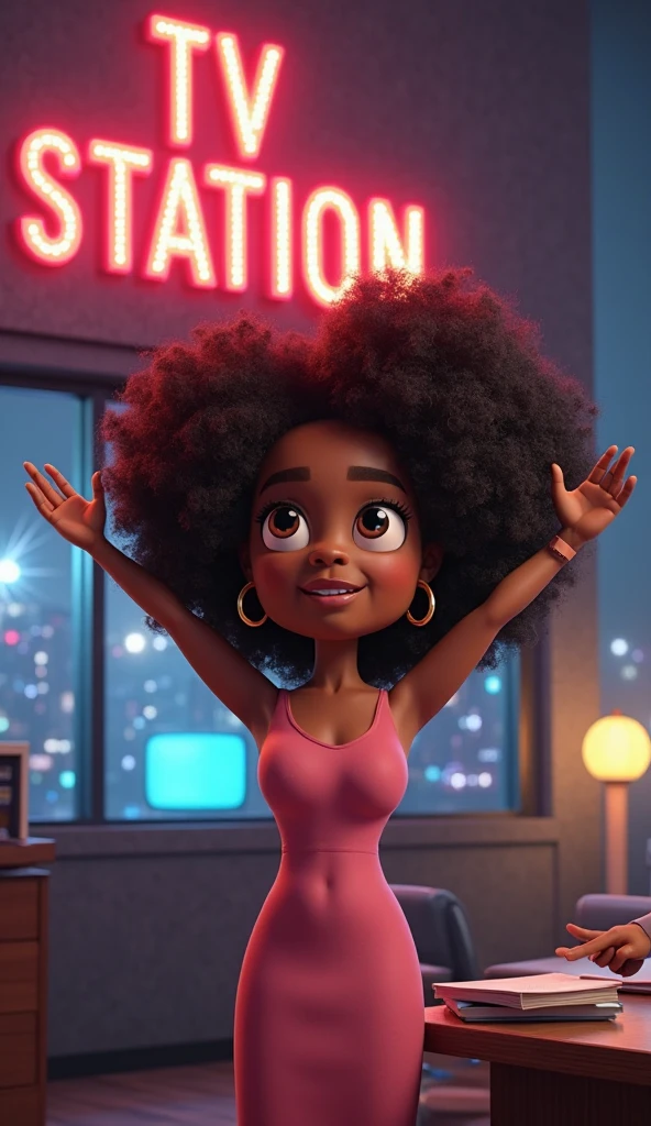 foreshortening, depth of field, masterpiece, best quality, 1girl, voluptuous, curvy body, black afro hair, hands on hips, sassy pose. ((prism theme)), (((goddess mode))), ((((gigantic breasts)))), ((((HYPER ASS)))),((((prismatic style)))) ,((((pawg)))),ass support, HD, dark skinned, young girl, age 8, humanoid, honey, black afro hair, (((afro hair))), Jackie Parris, ((((Jackie Parris)))), full body cgsociety, 3 d character art, full character body, detailed full body concept, stylized character, erotica, ((young girl, 1girl, age 8)), ((complex detailed background, inside, backstage, studio, bright lighting)), chubby, small, short, action pose, smiling, wearing a pink and white ballerina outfit, dancing, stretching