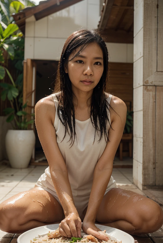 Asian girl, beautiful, tanned skin, Thai slave uniform, bondage, housework, wooden house, sweat, tied hands and feet.