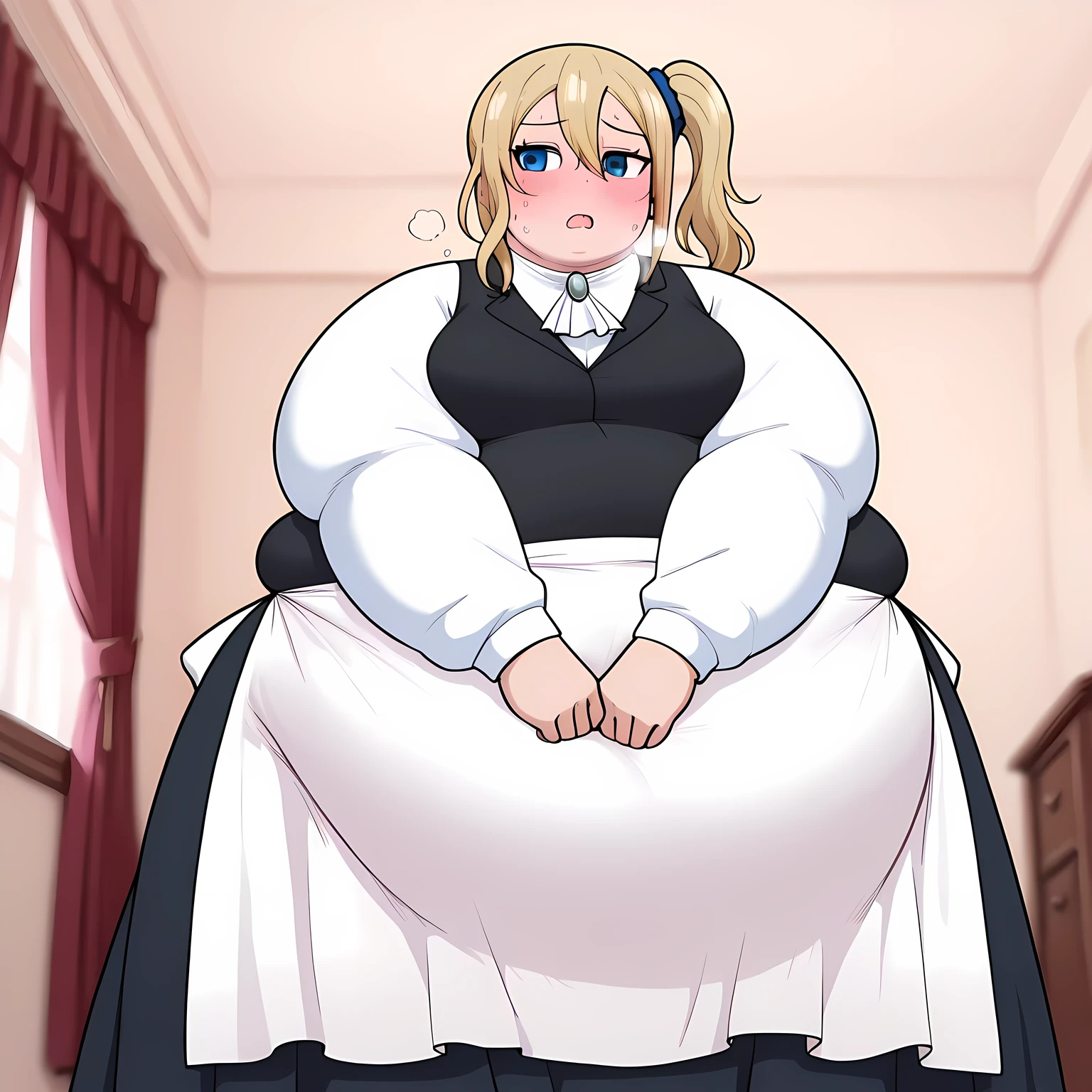 anime screencap, masterpiece, best quality,

1girl, solo, expressionless,
side ponytail, hair between eyes, long hair, blonde hair, blue eyes, hair scrunchie, blue scrunchie,
grey brooch, white ascot, black vest, white shirt, long sleeves, waist apron, white apron,
long skirt, black skirt,
v arms, standing, looking at viewer, cowboy shot, full body shot,, pov belly, 
indoors, bedroom, curtains, photo background, blurry background bulging belly, fat, chubby, obese, open mouth, out of breath, absurdres,  blush, {flustered}, nervous sweating, portrait,  averting eyes, [looking away], straight-on, from below, swollen face, masterpiece, best quality, ultra-detailed, high resolution, 8K, 