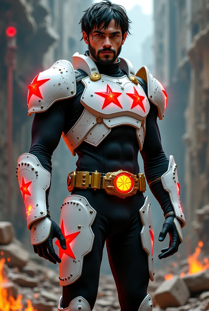 Monster age 35, black alien eyes, whale mouth, hair, tech tentacles, white Plate armor, armor breastplate with a pair four-pointed red stars, a gold belt buckle with a letter R, red leotard, plate belt, plate wristband, armor boots with red flames, cyberpunk japanese style, athletic strongest, magic powers, action, black cat nails, crazy pose, dark ruins backgroud, full body