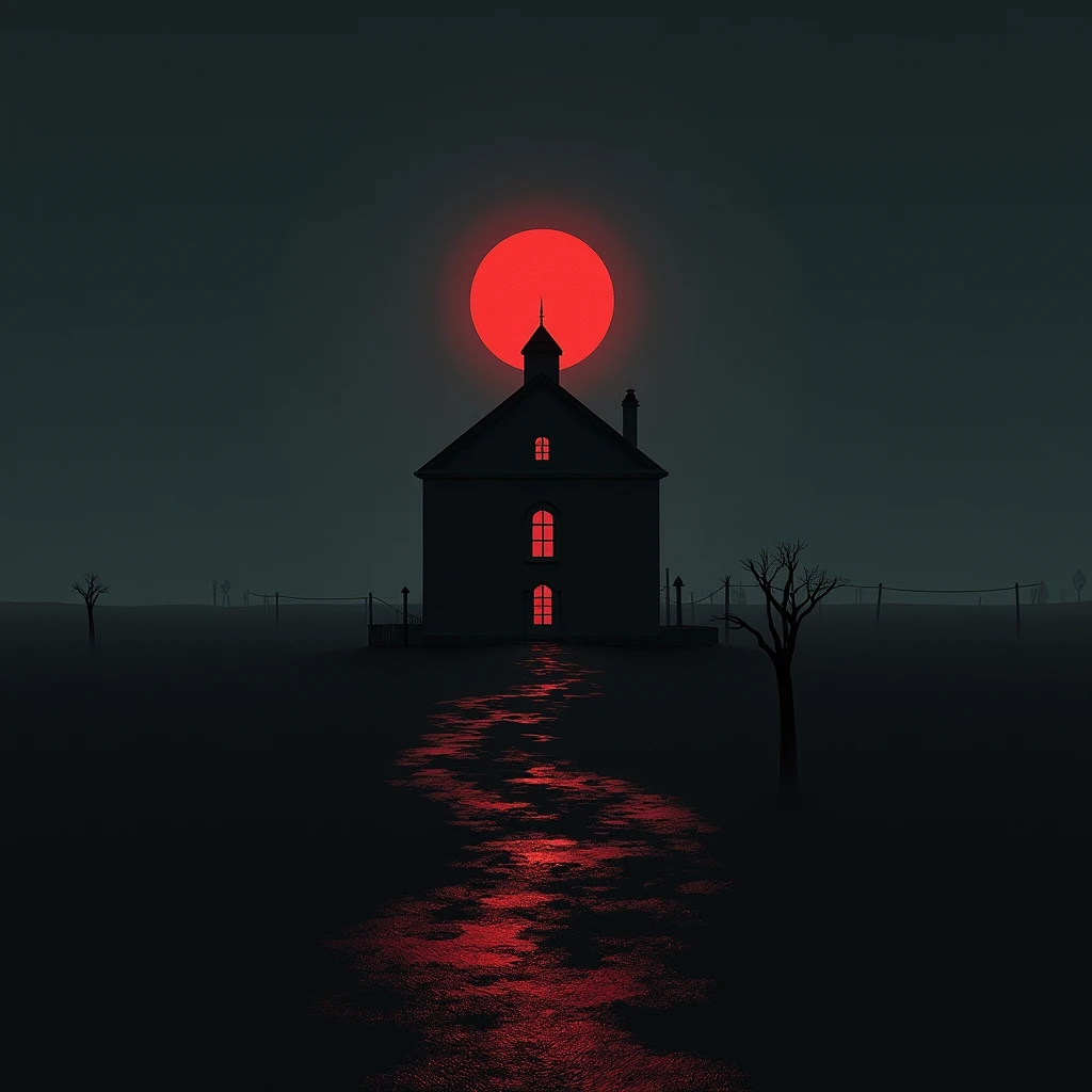 Old residences and a blood-colored moon, abandoned chapel with open door, the chapel is on a hill