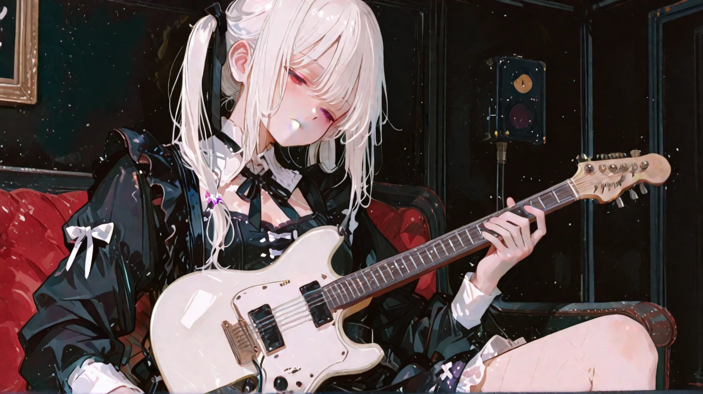 avant-garde painting,Gothic Clothing,hans bellmer, Ball jointed doll,beautiful lolita girl,wearing sailor suit,electric guitar,1990s Japanese fashion anime illustration