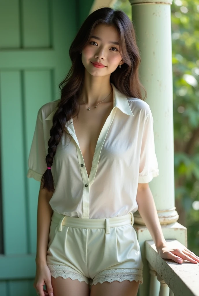 RAW, masterpiece, best quality, extremely detailed, 8k, HDR, photorealistic, intricate, A skinny Asian girl, she has an extremely slim body with narrow and small hips, long straight hair, wearing a short sleeves loosed button shirt and white thongs, smile, outdoors, close-up picture