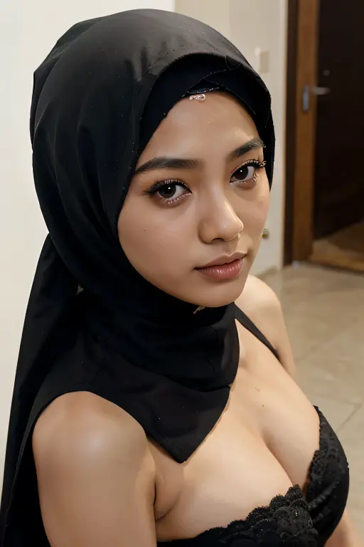 Masterpiece, realistic, best quality, best lighting, 1 girl full body photo solo, beautifully makeup, eyeshadow, Parted Lips, Detailed Eyes, beautiful big eyes, long eye lashes, smile, wearing ((Dark blue satin headscarf)), loosely tide hijab style, naked, sleeping on a bed