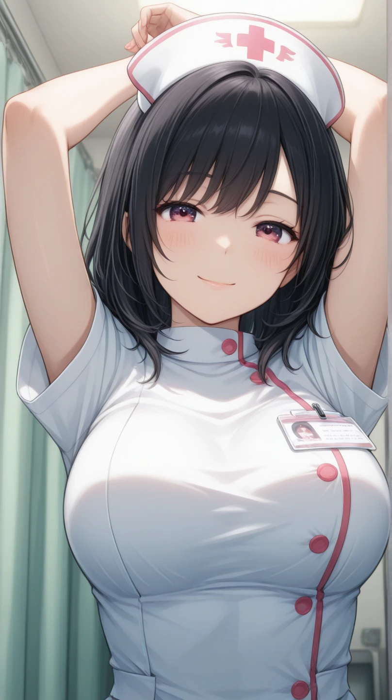 one-girl,nurses,Nurse's uniform,Professional Dress,White uniform,hospitals,Human body curves,Raised sexy,is shy,Top-down view,cleavage,little breast,Front view,brunette color hair,long whitr hair,Red lips,ssmile,Close-up,HighestQuali,Artistically,4K