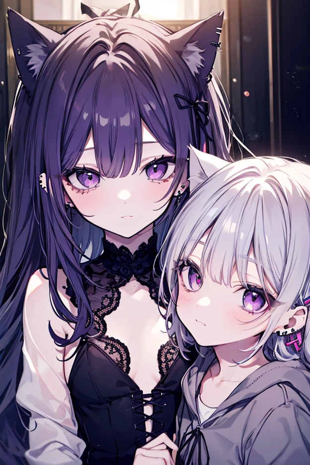 2 women one with long white hair a little wavy bright blue eyes in a sexy black dress with a glass of wine next to her a woman with long dark purple hair and bright purple eyes in a sexy black dress with a glass of wine in a club night