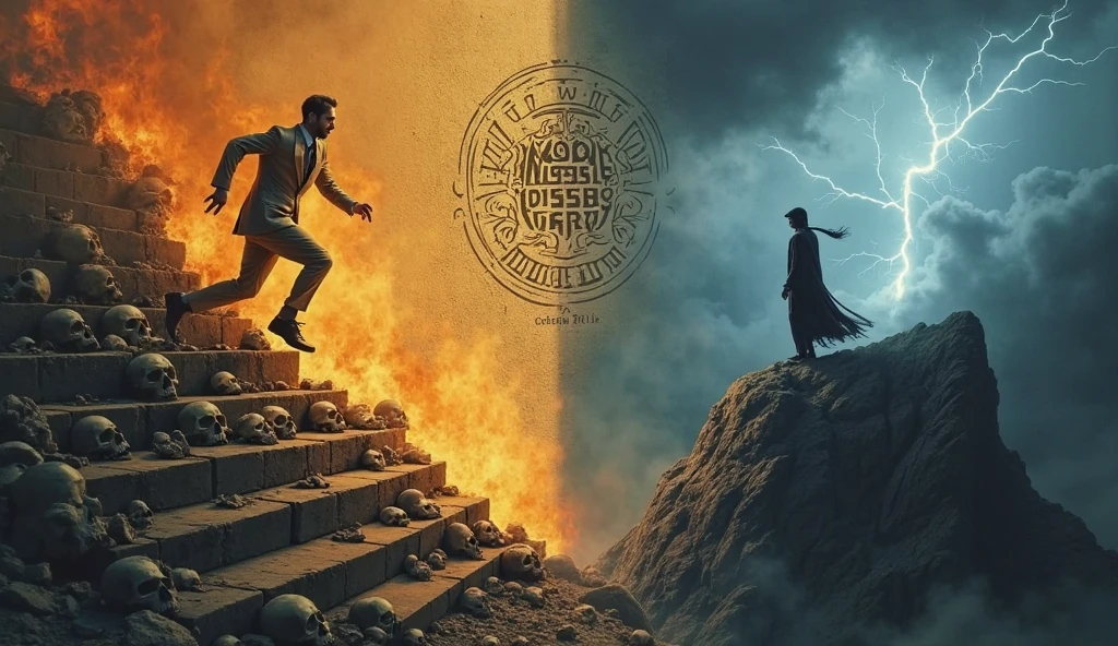 Make an ultrarealistic image of A collage of various elements, predominantly centered around the theme of metal music. The top section showcases a impressive fire flame from a burning urn in lower central part of the scene with a central text that reads 'ARE YOU READY FOR WHAT'S COMING OR NOT?'. Below this in lower right corner, there's a tombstone with the inscription 'R.I.P.', suggesting a theme of death or mourning. Adjacent to the tombstone, there's the burning urn with the letters 'LPSM' inscribed on it. The bottom right corner of the image features a couple, both dressed in black, standing with their backs to the viewer, looking out at the rings of fire. Five streams of smoke are escaping from the urn and the flame