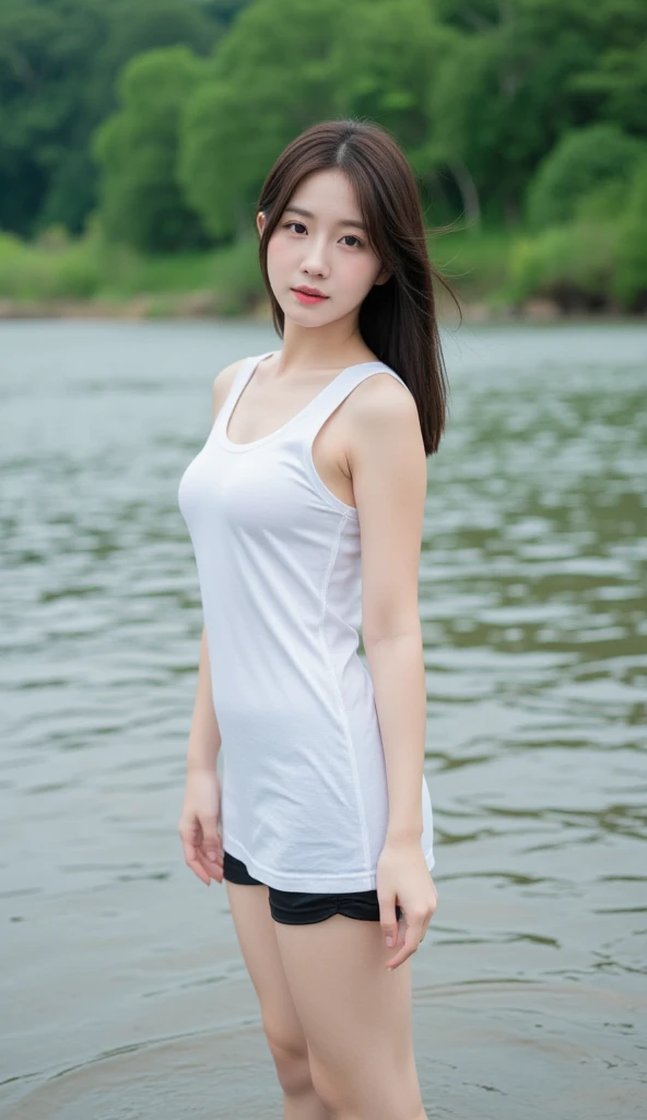Beautiful woman、Japanese、Standing on the plateau、Short tank top and shorts、My skin is wet with sweat and shining、Photorealistic、High definition