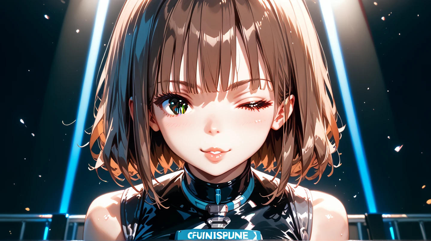 Best Quality, high detail, 4k, human, robot girl, Android Face(Metal), steel & titanium leather, robotic face(with human features), cyber eyes(Circle of hard eyes, clear pupil), 1 girl, Formal, perfect hands(5 fingers), Wig(fake fur), big breasts, Bionic armor, longitud total, whole body, Masterpiece body, Ochako Uraraka Pecho Grande