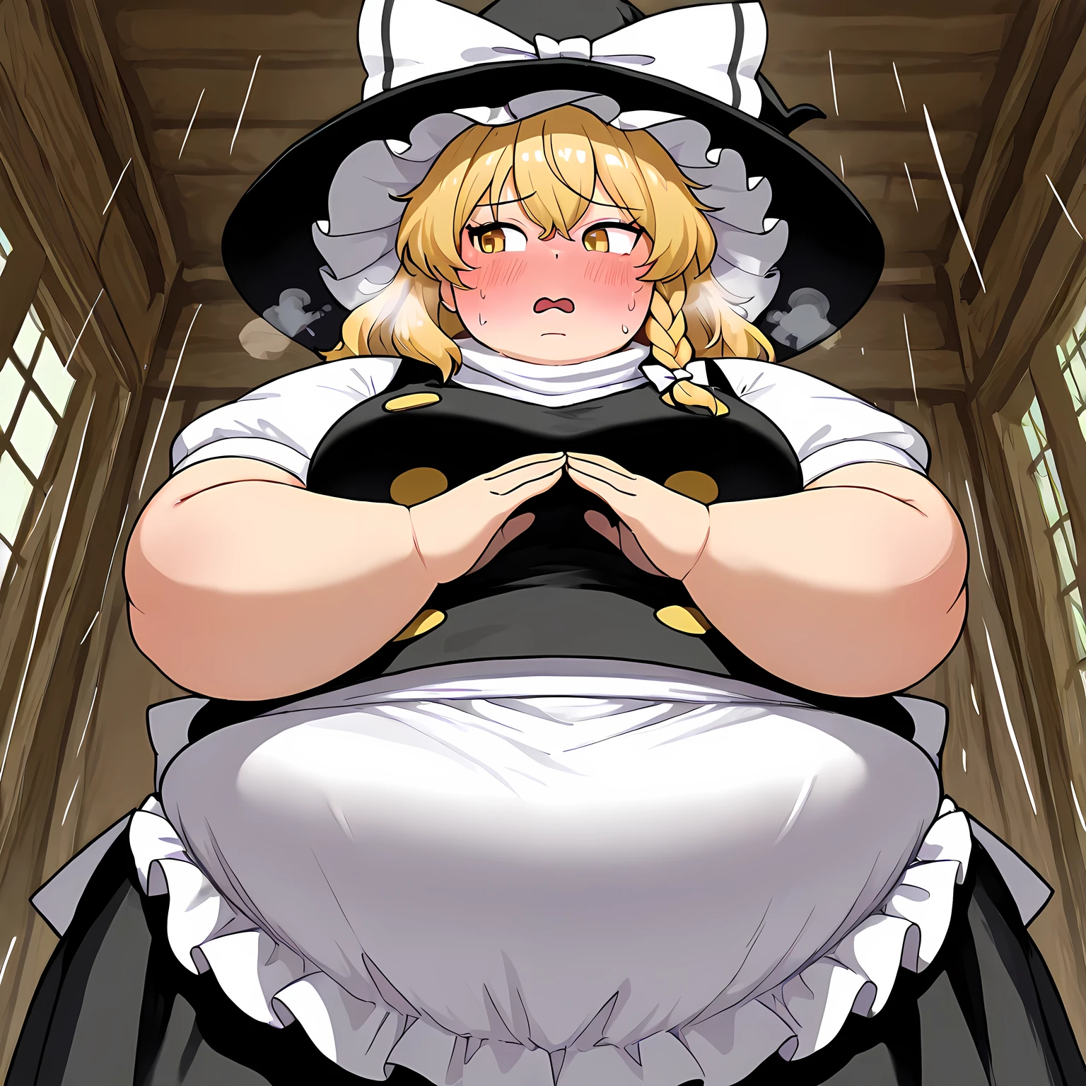 1girl, KIRISAME MARISA BLONDE HAIR, YELLOW EYES, SINGLE BRAID, WITCH HAT, WHITE RIBBON, BLACK SKIRT, BLACK SHIRT, SHORT SLEEVES, WAIST APRON, WHITE SLEEVES, large breasts, 1girls,solo, female_focus, rain A sack in hands, stealing parody, indoors bulging belly, fat, chubby, obese, open mouth, out of breath, absurdres, highres icon, rating:General, confused, blush, {flustered}, nervous sweating, portrait,, averting eyes, [looking away], straight-on, from below, swollen face, masterpiece, best quality, ultra-detailed, high resolution, 8K, 