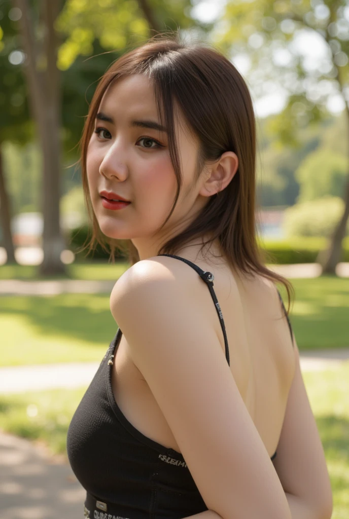 The back of a woman，Resort style，clear lake water，The city is in the distance，wearing a hat，Smile((best quality)), ((masterpiece)), (detailed), perfect face
