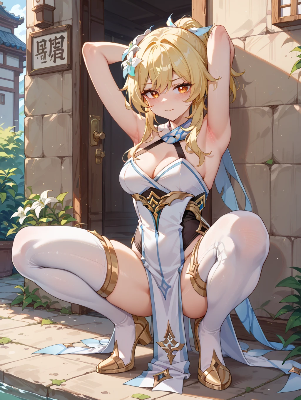 ibalance standing_split, standing_on_one_leg, leg_up Holding leg luminedef, cleavage, (glowing red eyes),